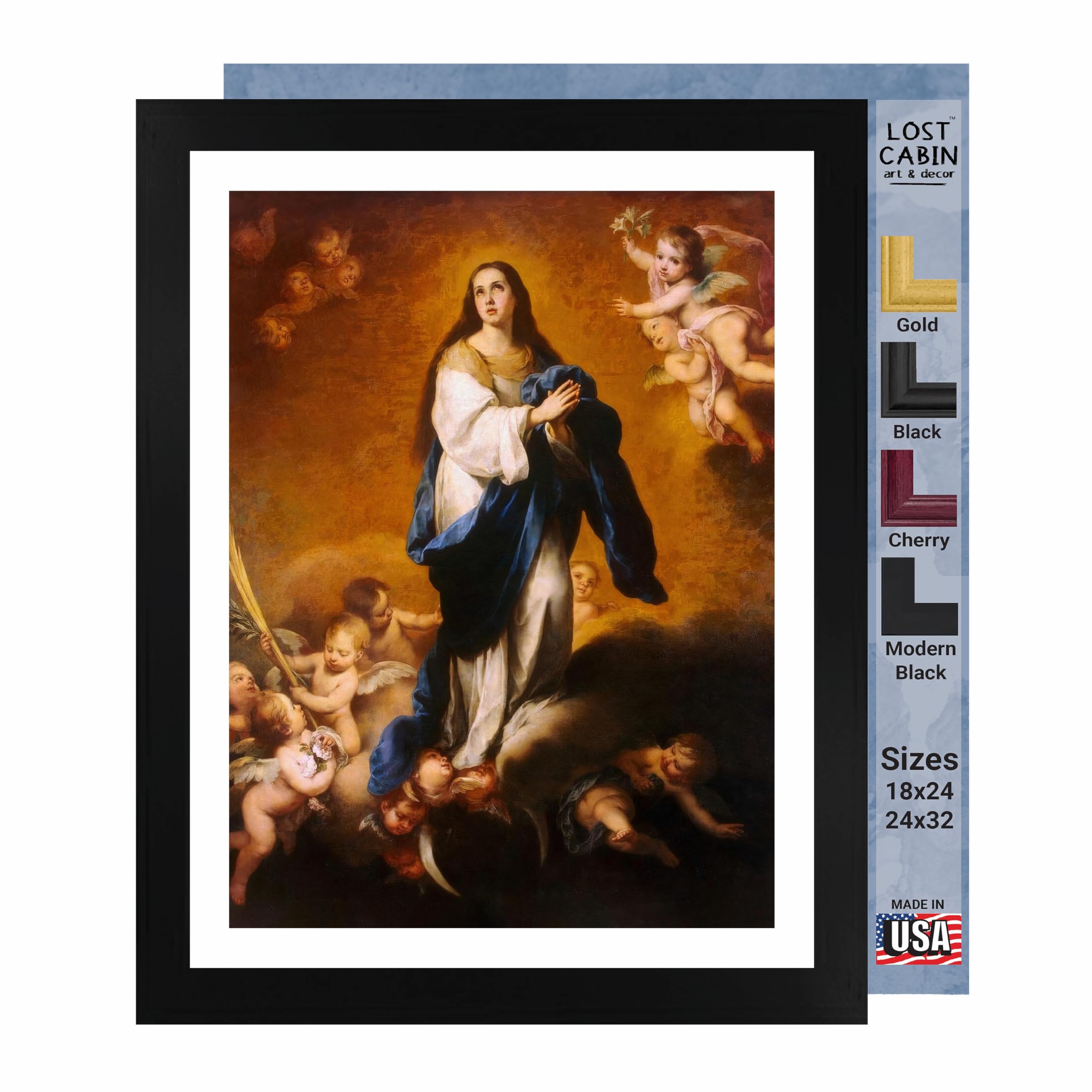 Bartolome Murillo The Immaculate Conception Oil Painting Reproduction - 14x20 Matted Print in Black Flat Frame (20.5x26.5) - Fine Art Wall Decor for Living Room, Bedroom & Office