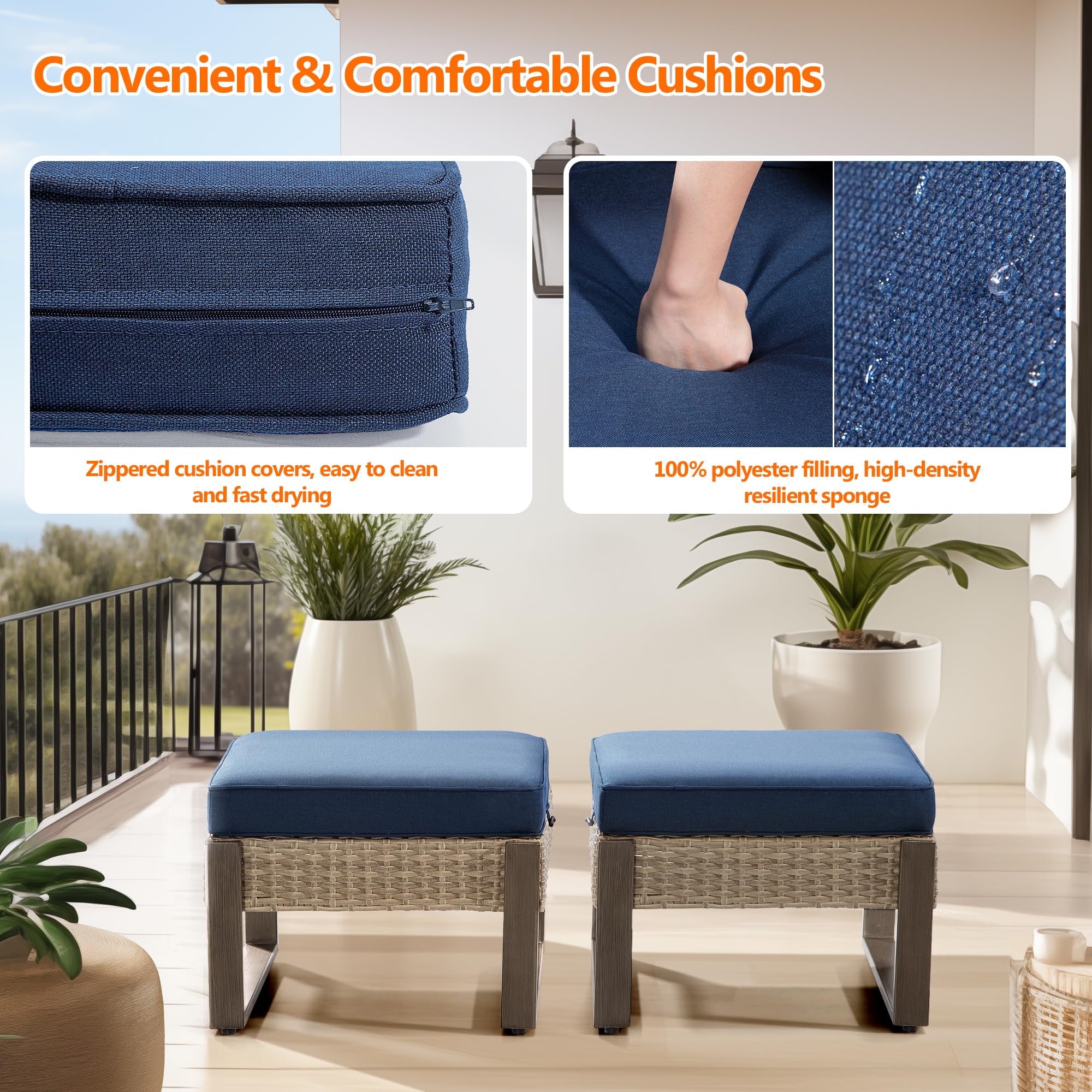 2-Piece Outdoor Patio Ottoman Set - All-Weather PE Rattan Footstools with Removable Cushions & Rust-Proof Steel Frame - Perfect for Garden, Backyard, Porch & Deck (Dark Blue) - Great for Relaxing, Entertaining & Outdoor Lounging