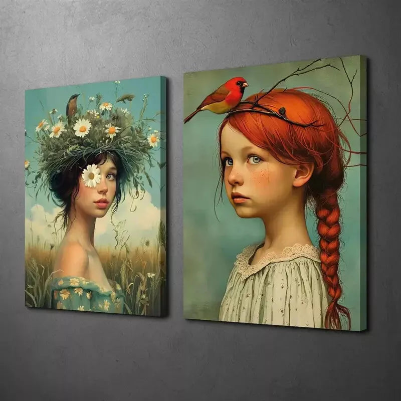 2Pcs Country Farmhouse Canvas Wall Art - 50x75cm Framed Bird & Woman Painting, High Quality Print, 100% Australian Made, Ready to Hang - Perfect for Living Room, Bedroom & Home Decor