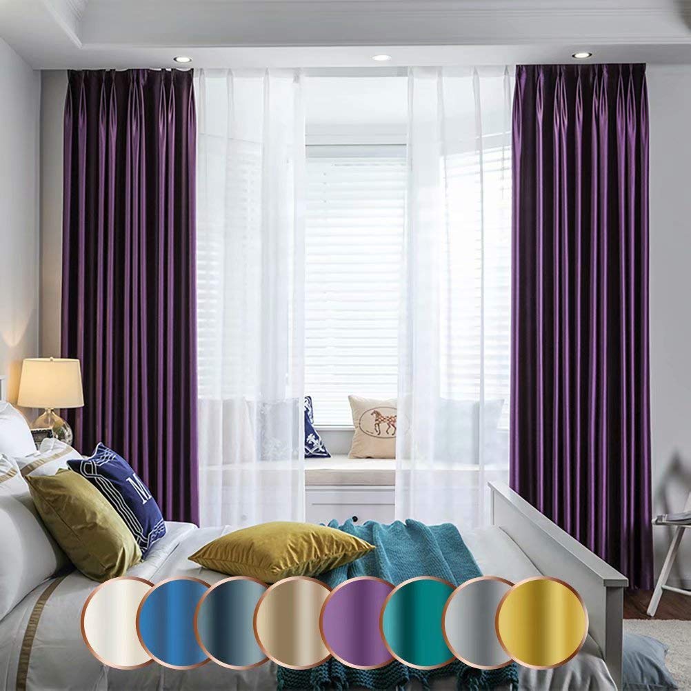 Vintage Silk Curtains for Living Room & Bedroom - MacoHome Light Blocking Panel in Purple, 84 x 63 Inches, Elegant Window Treatment for Home Decor