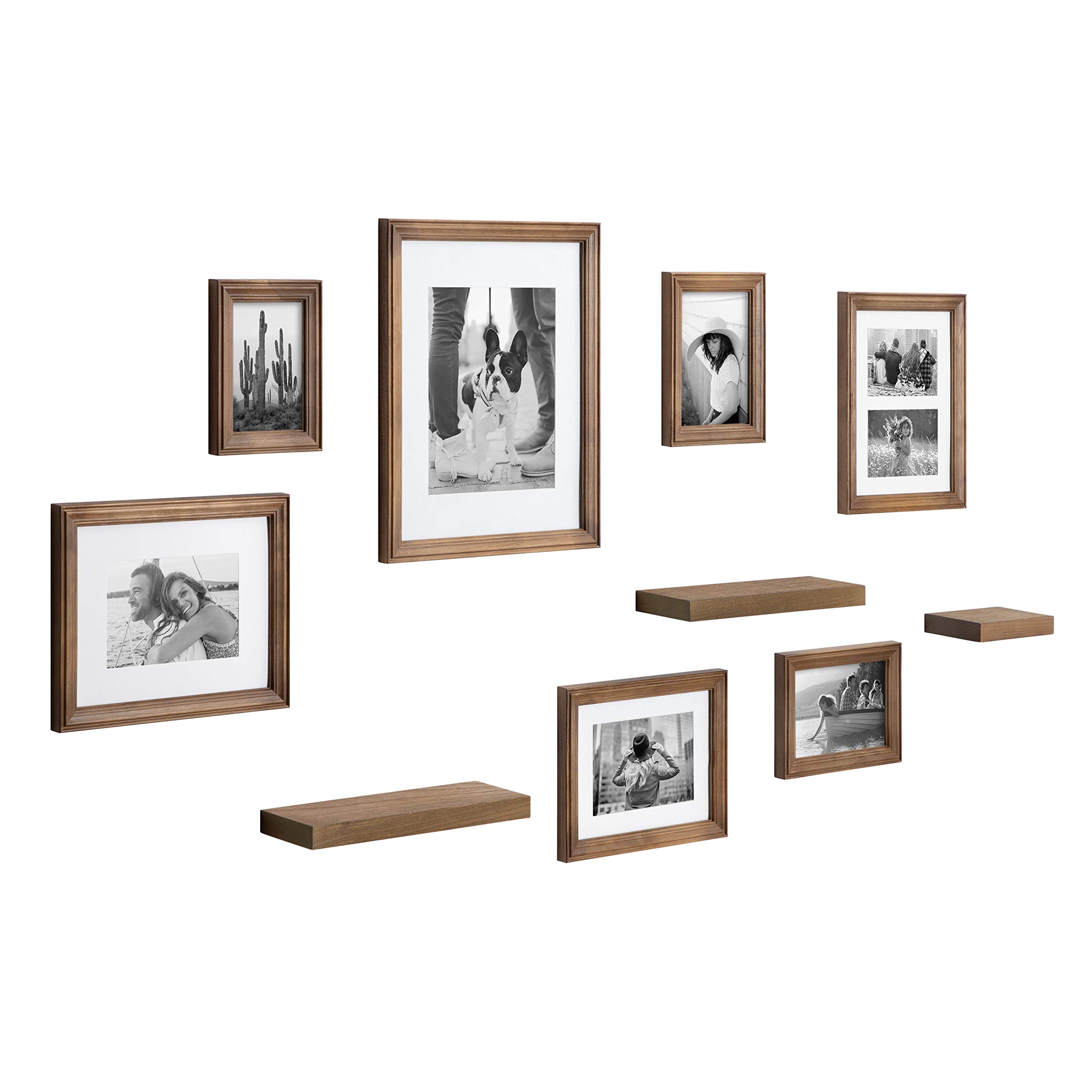 Kate and Laurel Bordeaux Gallery Wall Frame and Shelf Kit - Set of 10 Natural Wood Finish Frames with 3 Display Shelves - Perfect for Living Room, Bedroom & Office Decor