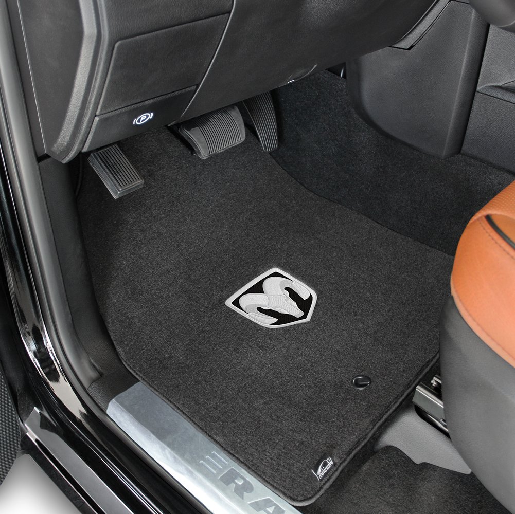 Lloyd Mats VELOURTEX Floor Mats for RAM 1500 STANDARD PICKUP 2012.5-ON | 2PC FRONT EBONY with Silver RAM Logo | Premium Car Floor Liners for All-Weather Protection & Style | Perfect for Trucks, Off-Roading & Daily Commute