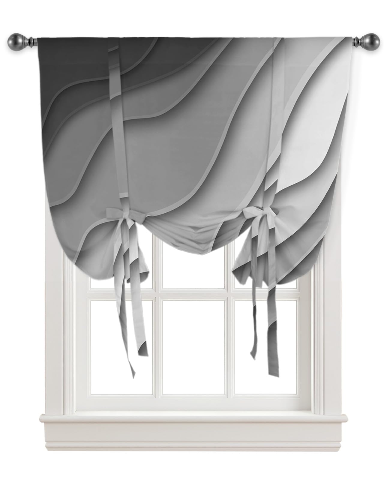 Modern Abstract Tie Up Kitchen Curtains - Gray Striped Geometric Ripple Line Balloon Shade with Rod Pocket, 42