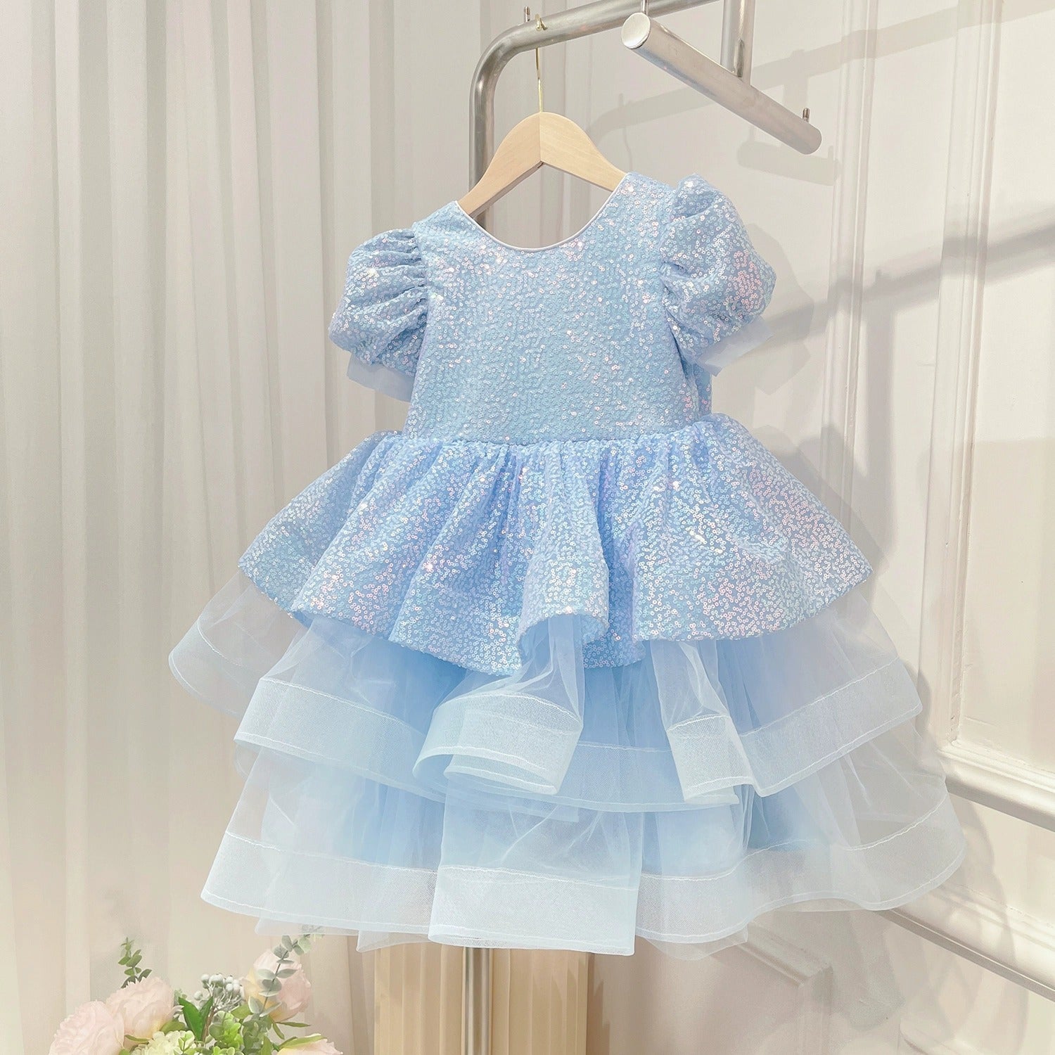 Sparkly Blue Sequin Birthday Dress for Girls - Puff Sleeve Princess Party Gown | Perfect for Birthday Celebrations, Pageants & Special Occasions