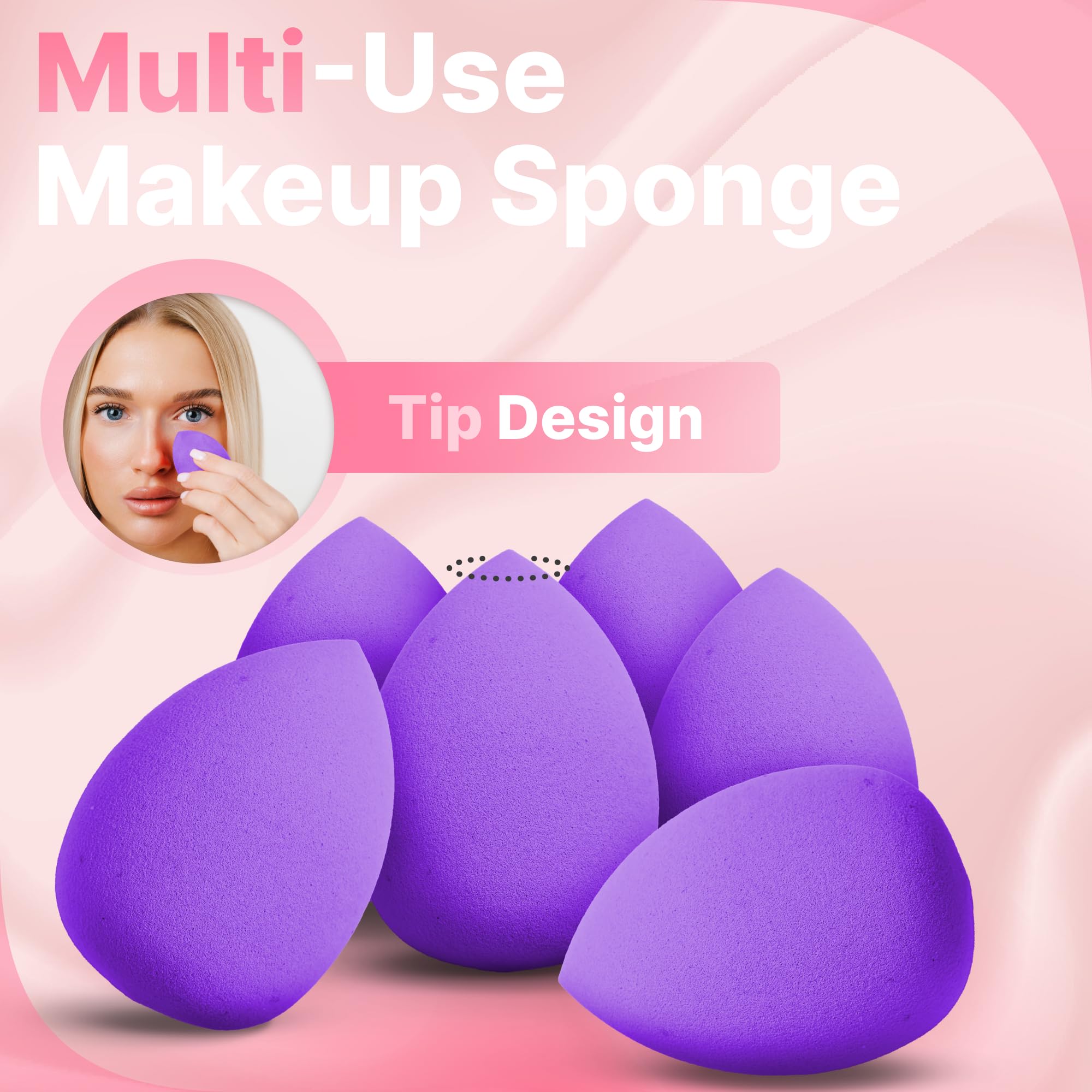6 Pcs Makeup Sponges for Foundation - Super Soft Beauty Blender Applicator, Non-Latex, Flawless for Liquid Cream & Powder (Purple) - Perfect for Daily Makeup, Contouring & Airbrush Finish