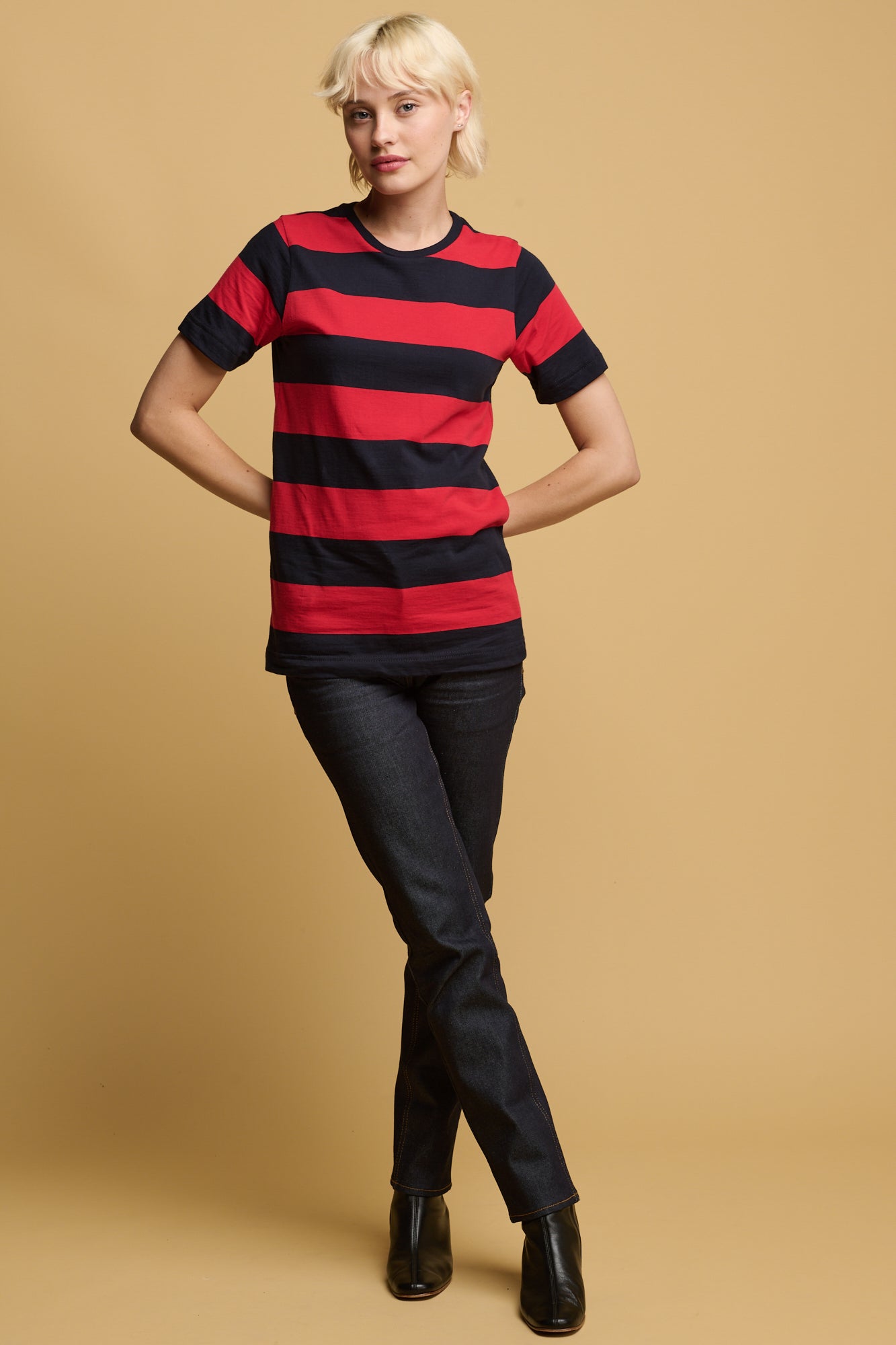 Women's Wide Stripe Short Sleeve T-Shirt - Red & Navy Casual Tee for Summer Outfits, Beach Wear, and Everyday Comfort