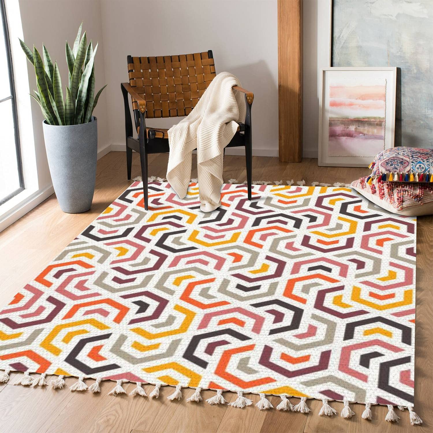 Boho Rug - Multi-Colored Geometric Grid Pattern Area Rug for Living Room, Bedroom, Indoor & Outdoor Use - Non-Slip Carpet Mat for Hallway, Patio, Dorm Decor - Soft Minimalist Home Decor Accent