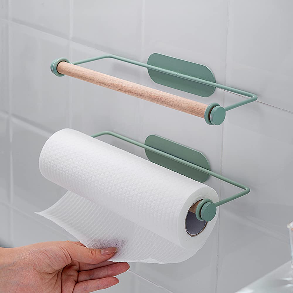 Stainless Steel Towel Bar Rack - No Drill Bathroom & Kitchen Towel Holder for Paper Rolls, Plastic Wrap & Dish Rags - Space Saving Wrought Iron Hanger (Green) - Perfect for Small Bathrooms, Kitchens & Laundry Rooms