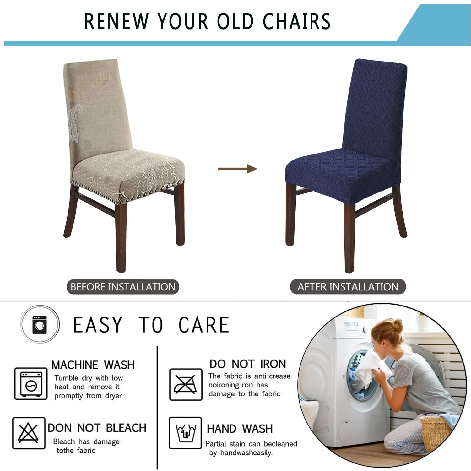 2023 Newest Jacquard High Stretchy Dining Chair Covers - Washable & Removable Kitchen Chair Slipcovers, Set of 4 (Navy Blue) - Perfect for Dining Room, Restaurant & Home Decor Protection