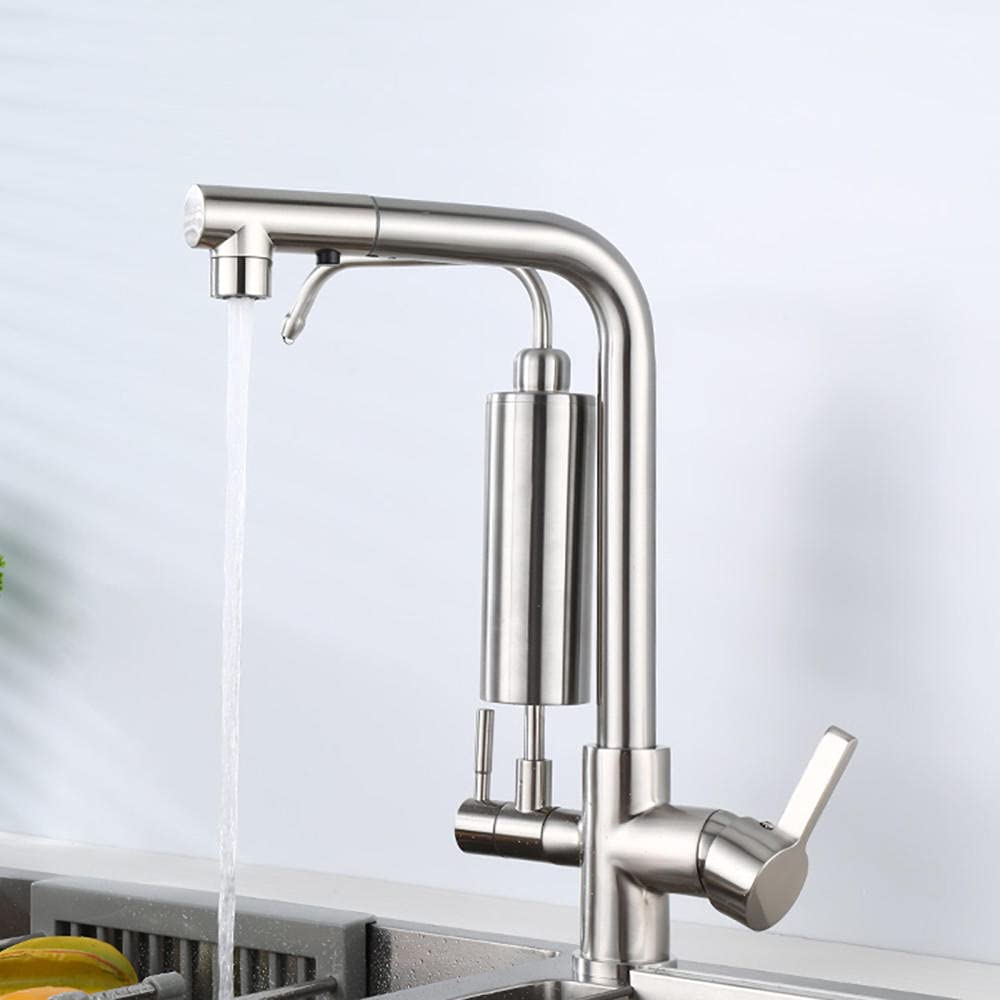 3-Way Pull-Out Spray Kitchen Faucet with Water Purifier & Filter, 360° Rotation Brushed Brass Finish, Ideal for Modern Home Cooking & Dishwashing