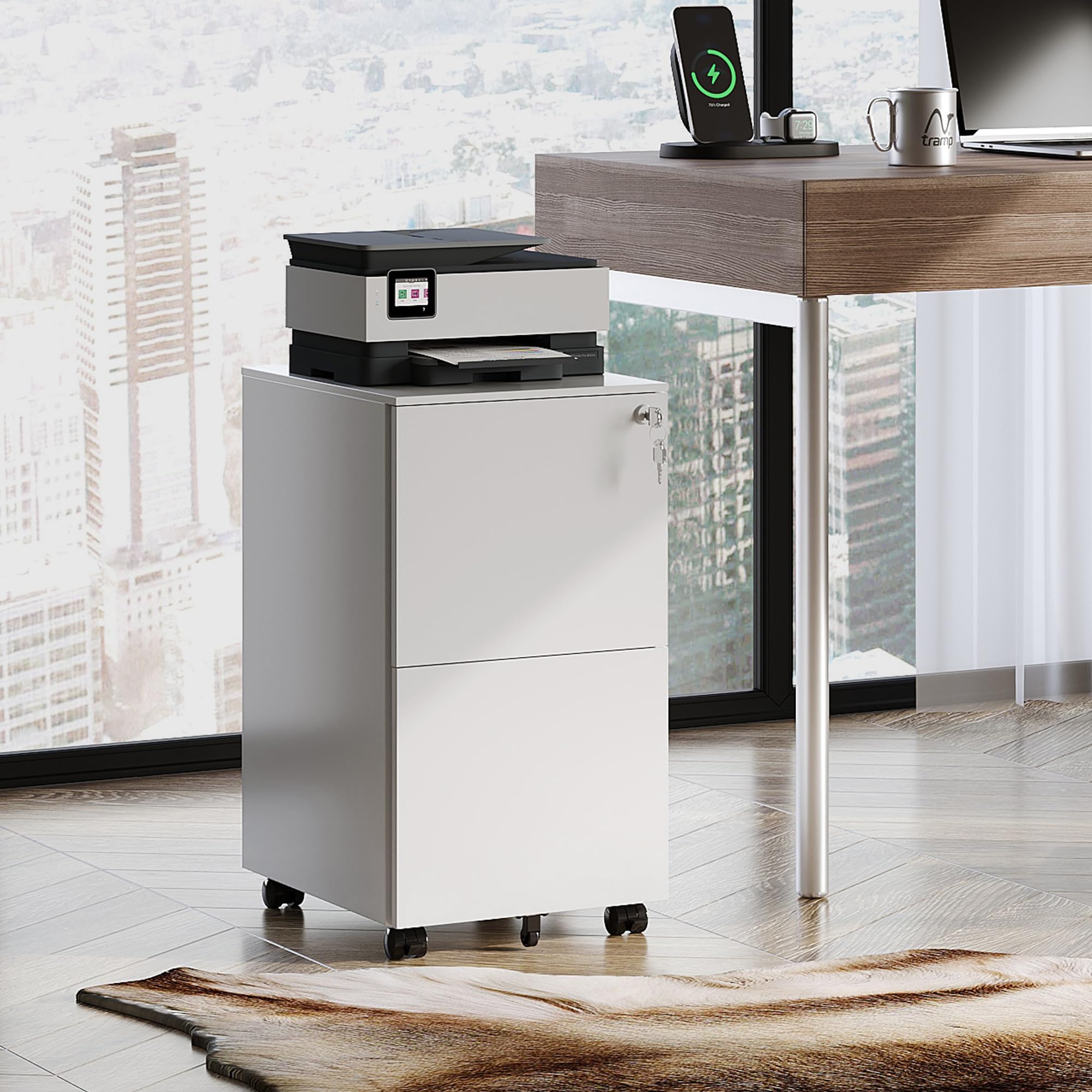 DEVAISE 2-Drawer Locking Rolling File Cabinet - Metal Home Office Storage Organizer with Wheels, White - Perfect for Desk Organization & Document Filing in Small Spaces