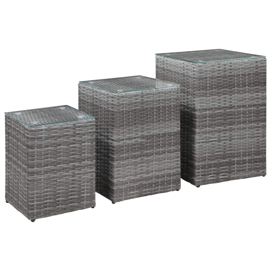 3-Piece Gray Poly Rattan Side Table Set with Glass Top - Nightstand, Coffee Table, Couch End Table for Living Room, Bedroom & Snack Storage - Modern Home Decor