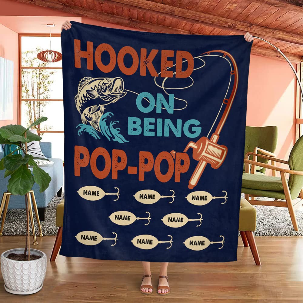 Custom Personalized Grandpa Fishing Blanket Gift for Dad - Engraved with Grandkids Names - Perfect Birthday, Father's Day & Anniversary Present - Cozy Throw for Outdoor Fishing Trips & Family Gatherings