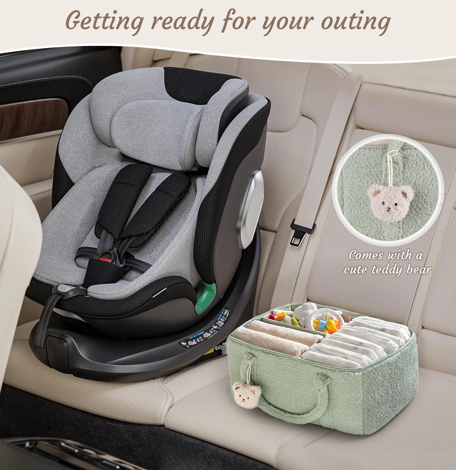 Dahey Baby Diaper Caddy Organizer with Bear - Portable Nursery Storage Basket for Newborn Essentials | Perfect Baby Shower Gift & Registry Stuff | Ideal for Changing Table, Nursery Organization & On-the-Go Diaper Bag (Green)
