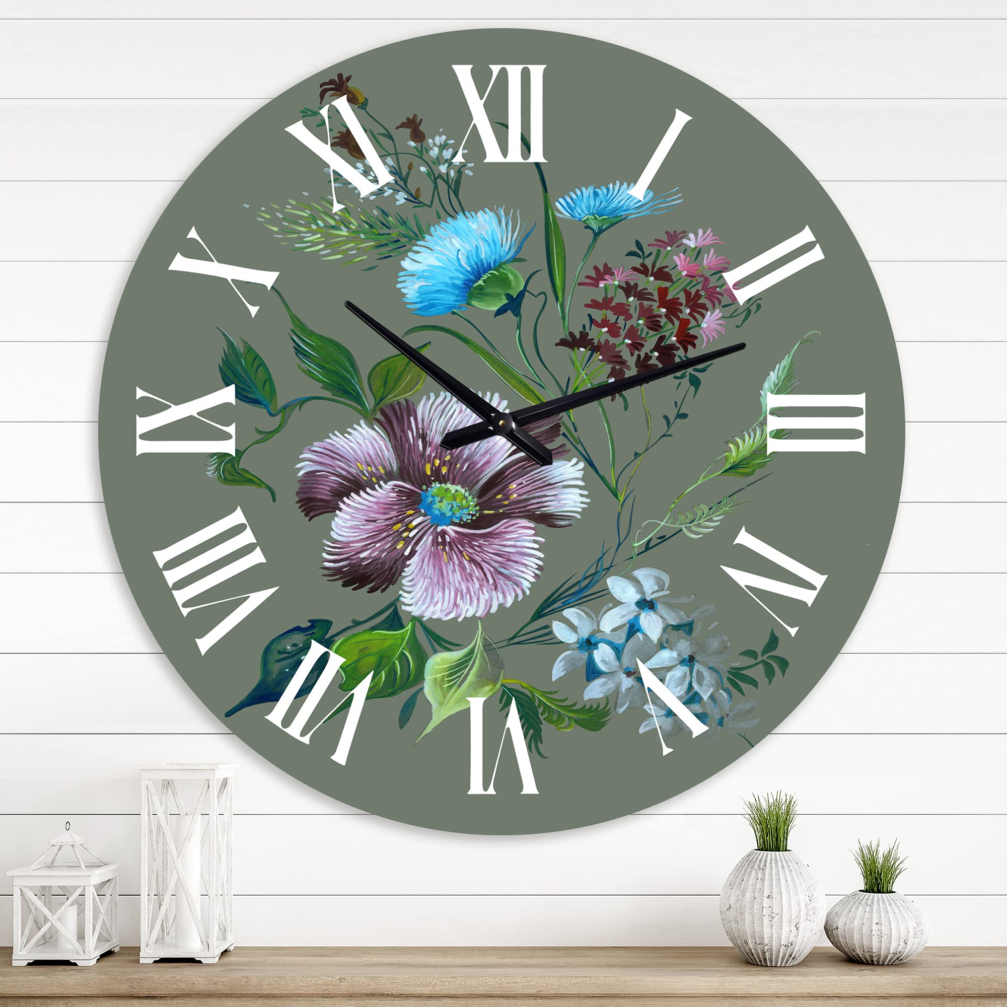 Vintage Floral Wall Clock - Purple & Turquoise Spring Flowers Design, Large Decorative Clock for Bedroom, Living Room, Office | Perfect Home Decor Gift for Housewarming, Birthday & Mother's Day