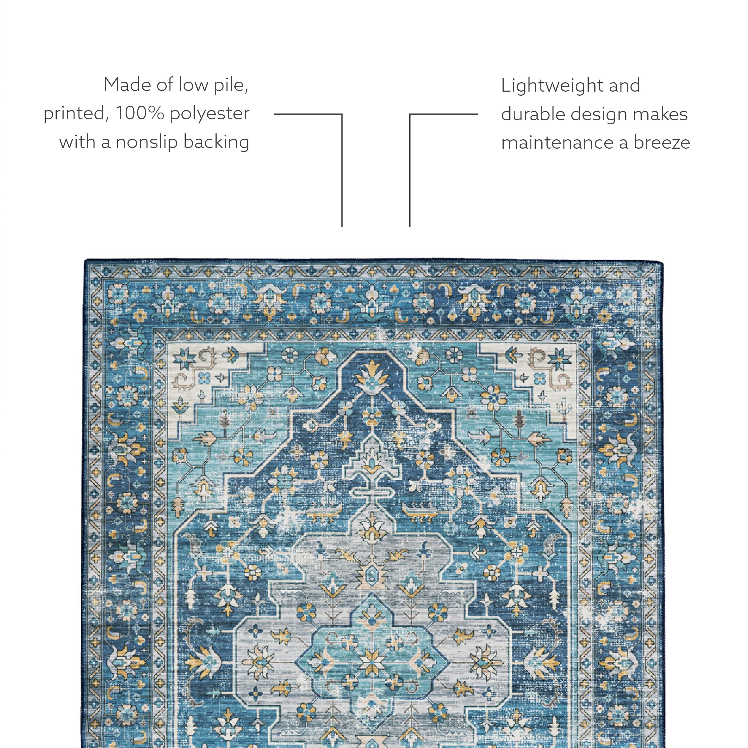 Linon Home Decor Washable Area Rug 5' x 7' - Firenze Teal & Ivory Indoor/Outdoor Rug - Perfect for Living Room, Bedroom, Patio & High Traffic Areas