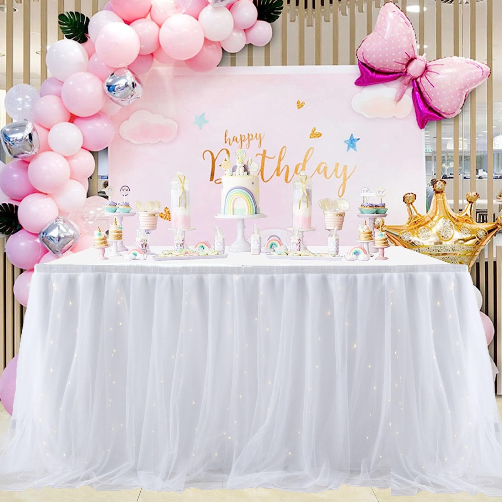 Albassa White Tulle Table Skirt with LED Lights - 9ft Tutu Tablecloth for Rectangle/Round Tables (30in Height) - Perfect for Baby Showers, Birthday Parties, Cake & Dessert Table Decorations - Elegant Wedding, Bridal Shower, Anniversary & Holiday Party Decor