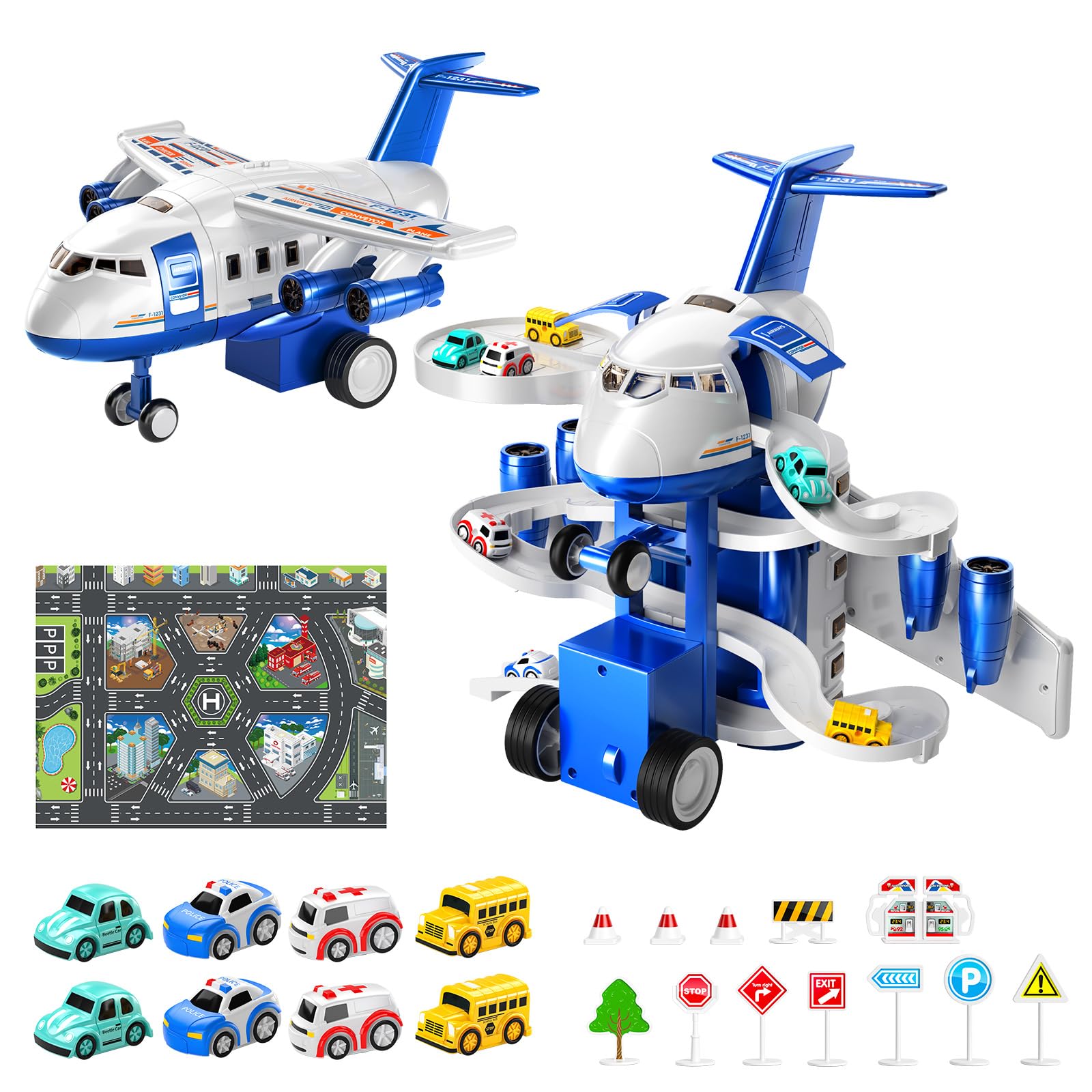 TEMI Kids Airplane & Race Car Toy Set for Boys & Girls Ages 2-7 - 8 City Vehicles with Parking Garage Playmat | STEM Learning Toy for Toddlers | Birthday Gift for 3-6 Year Olds | Perfect for Indoor Play, Preschool Learning & Adventure Imaginative Play