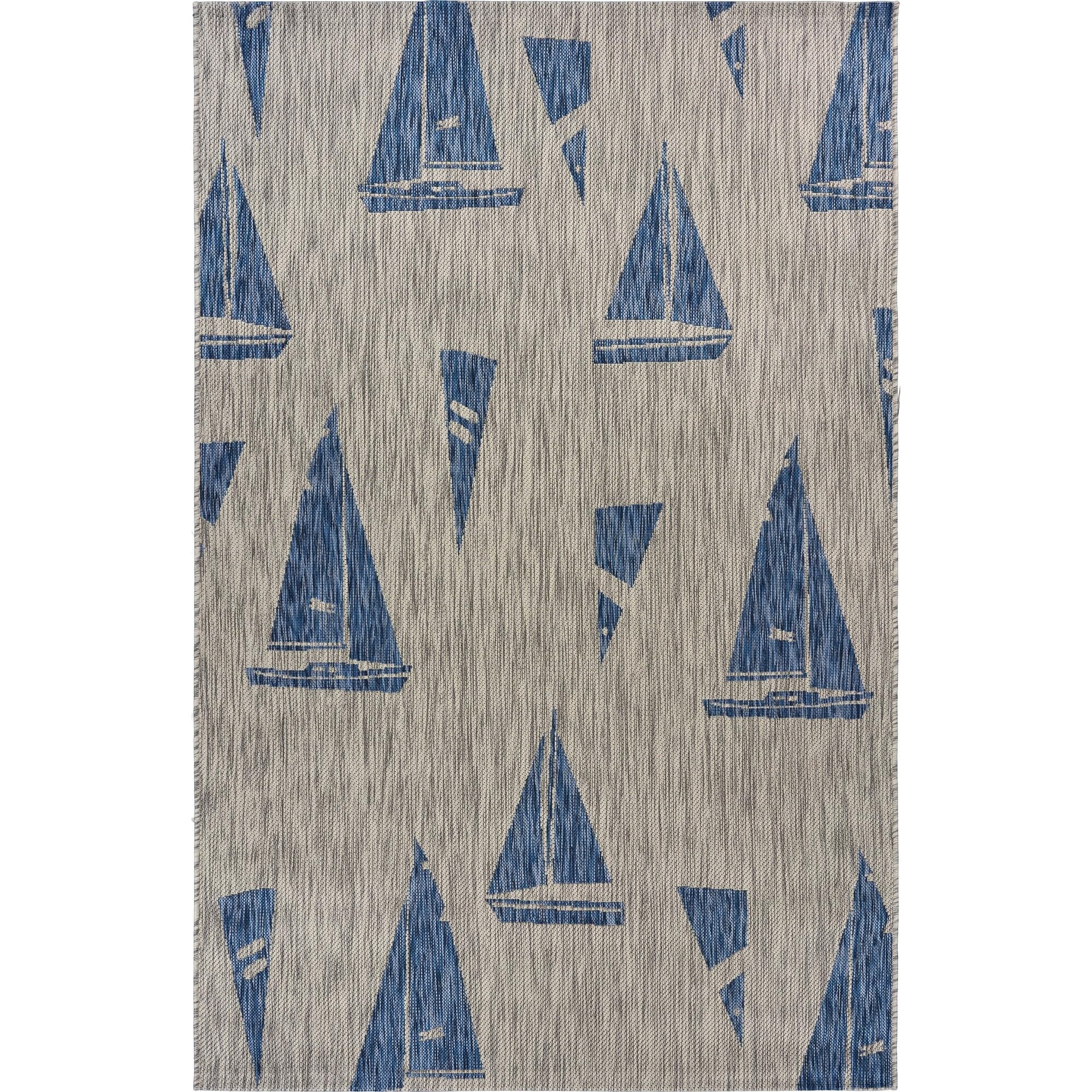 LR Home Captiva 5x7 Indoor Outdoor Area Rug - Nautical Sailboat Design Modern Farmhouse Carpet in Gray Blue | Perfect for Living Room, Bedroom, Playroom, Patio & Garden Decor | Durable All-Weather Home Accent Rug
