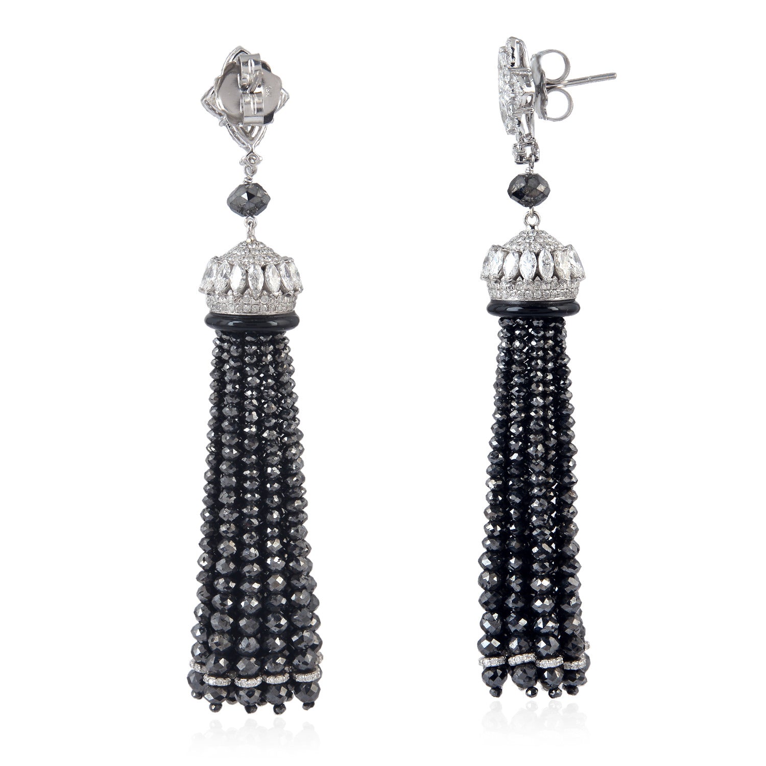 Faceted Black Onyx Beads & Ice Diamond Tassel Earrings in White Gold – Elegant Dangle Earrings for Women, Perfect for Parties, Weddings & Evening Events