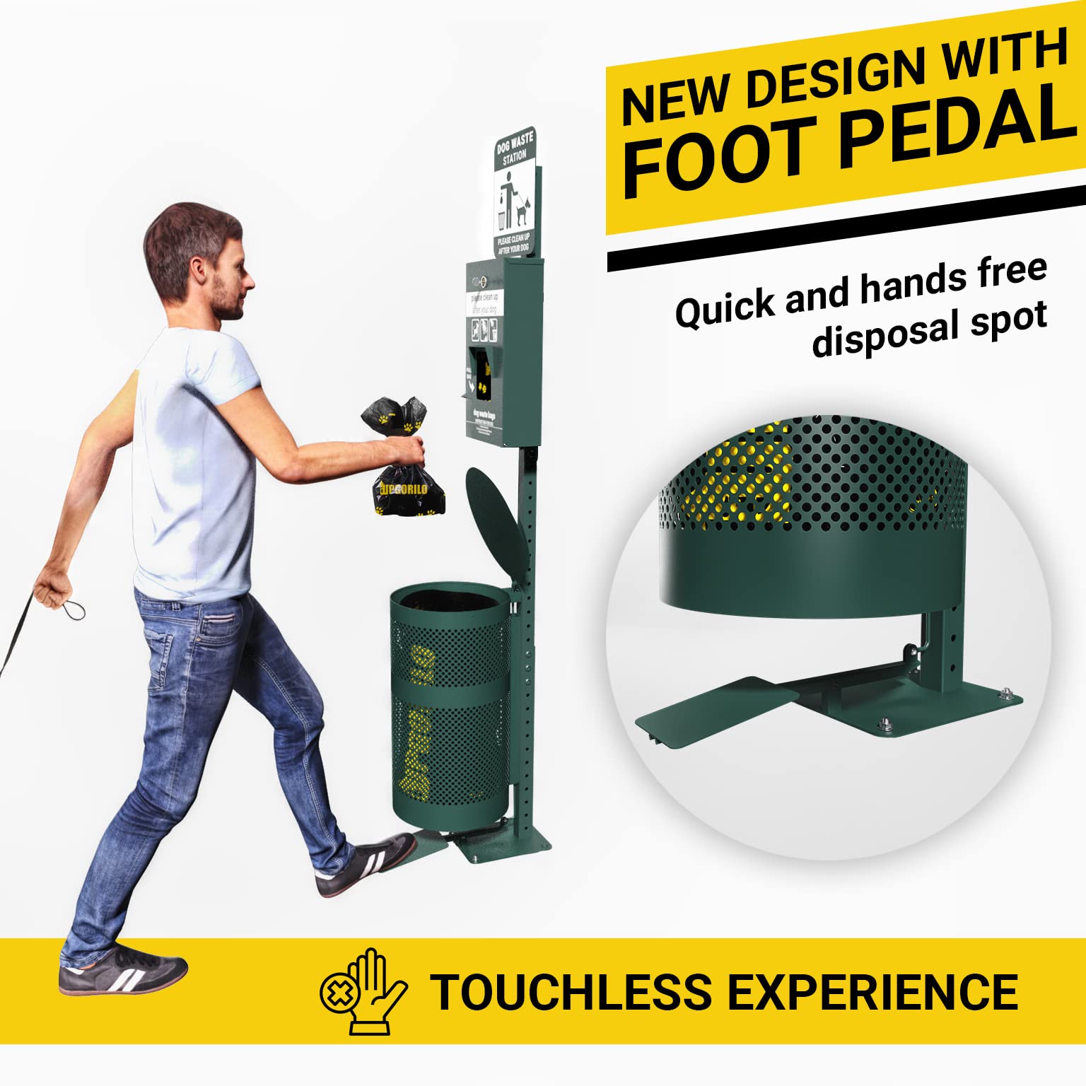 Dog Waste Station with Foot Pedal - 400 Poop Bags, 50 Trash Can Liners, Glow-in-the-Dark Sign & Hand Sanitizer - Outdoor Pet Waste Disposal System for Parks, Yards & Neighborhoods