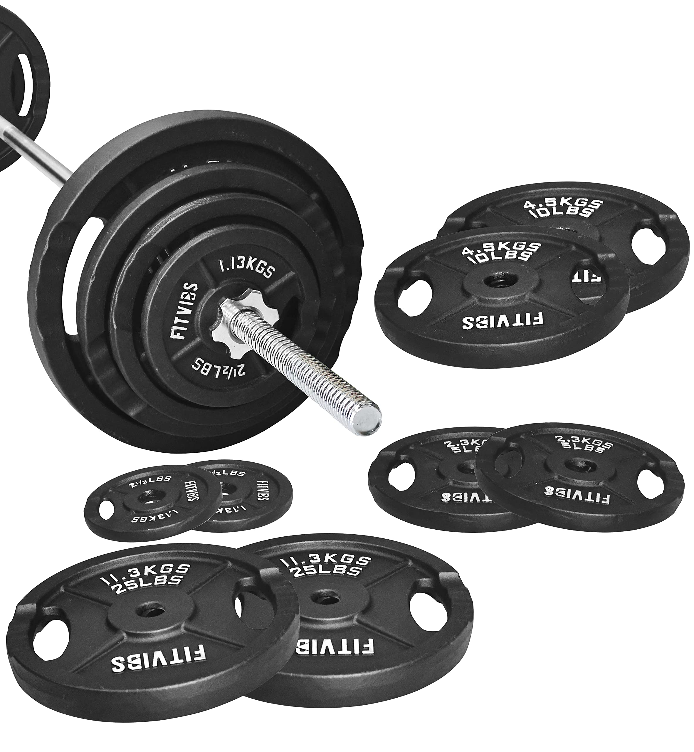 95-Pound Cast Iron Standard Weight Plate Set with 5FT Barbell & Star Locks - 85lbs Plates + 10lbs Bar for Home Gym, Strength Training & Weightlifting Workouts