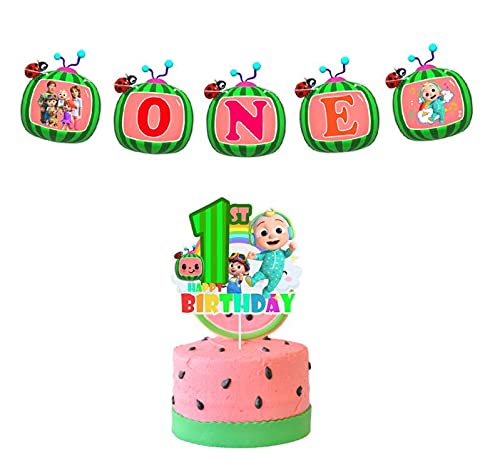 Happy 1st Birthday Coco Baby Melon High Chair Banner & Cake Topper Set - First Birthday Party Decorations for Girls & Boys - Perfect for Baby Shower, Birthday Photos, and Cake Smash Celebrations