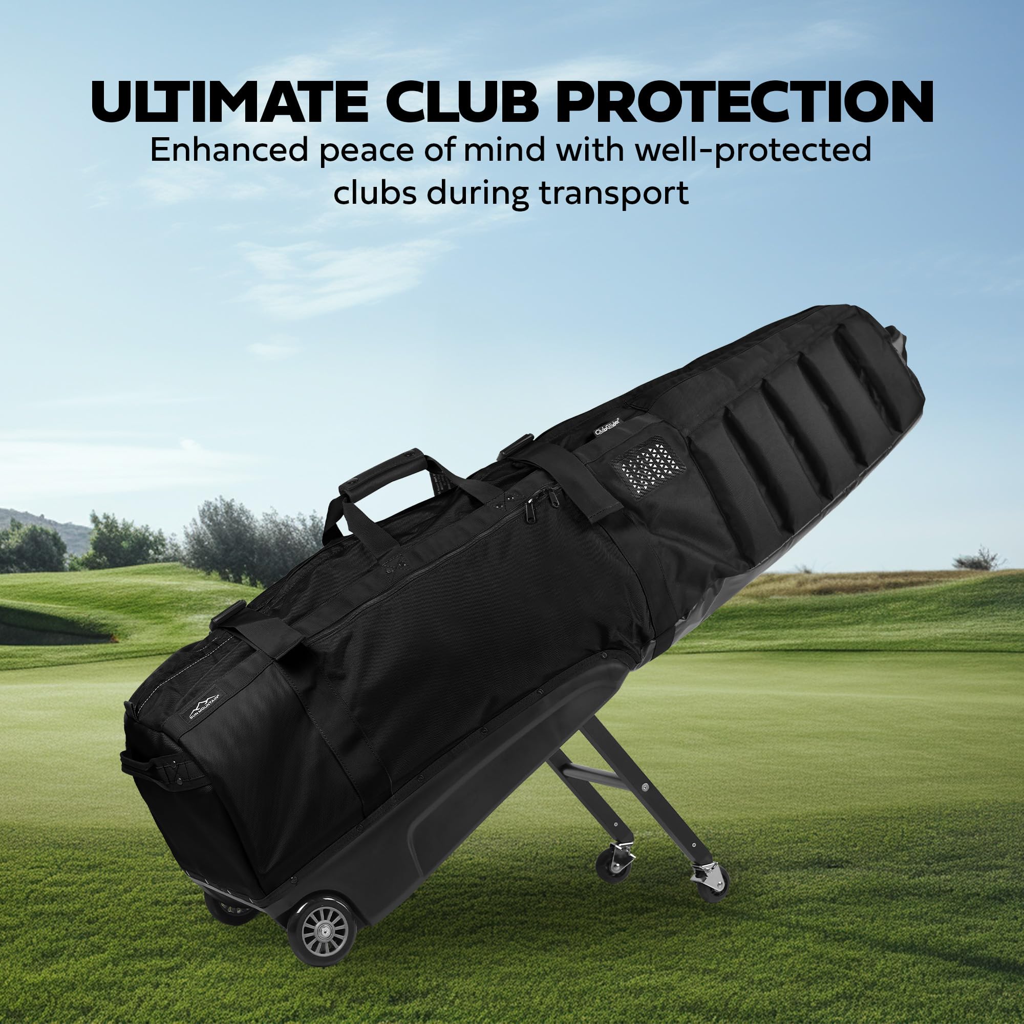 **Sun Mountain ClubGlider Meridian Premium Wheeled Golf Travel Bag - Heavy Duty Durable Golf Club Carrier with Dense Foam Padding & Spacious Storage - Best for Air Travel & Golf Vacations - Black**    (Note: This optimized title includes key SEO terms like 