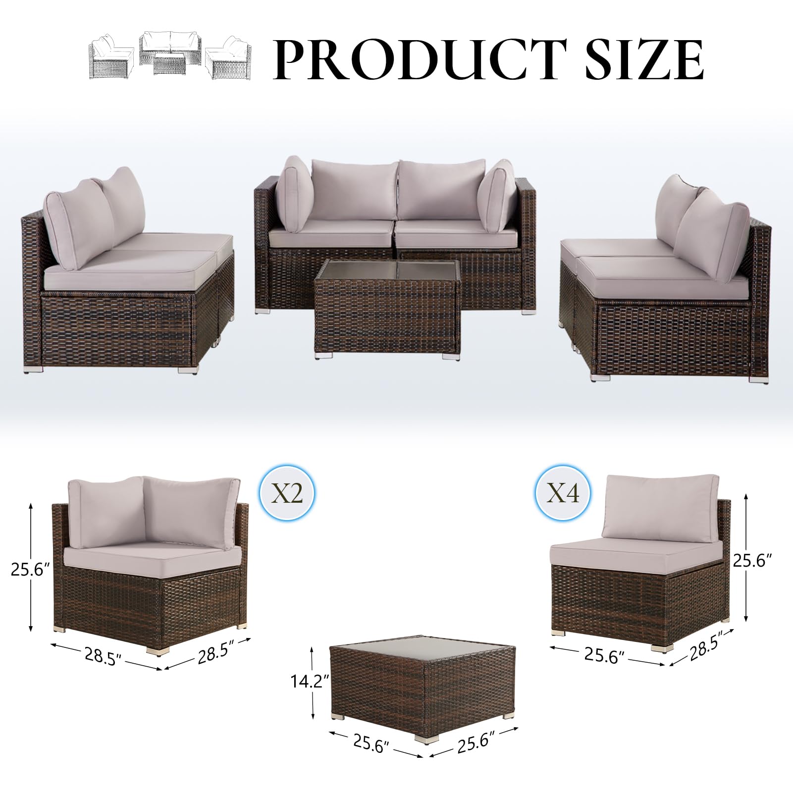 7-Piece All-Weather Wicker Patio Furniture Set with Padded Cushions - Outdoor Sectional Sofa Conversation Set for Poolside, Balcony, Backyard (Brown Wicker/Grey Cushion) - Perfect for Relaxing, Entertaining & Outdoor Dining