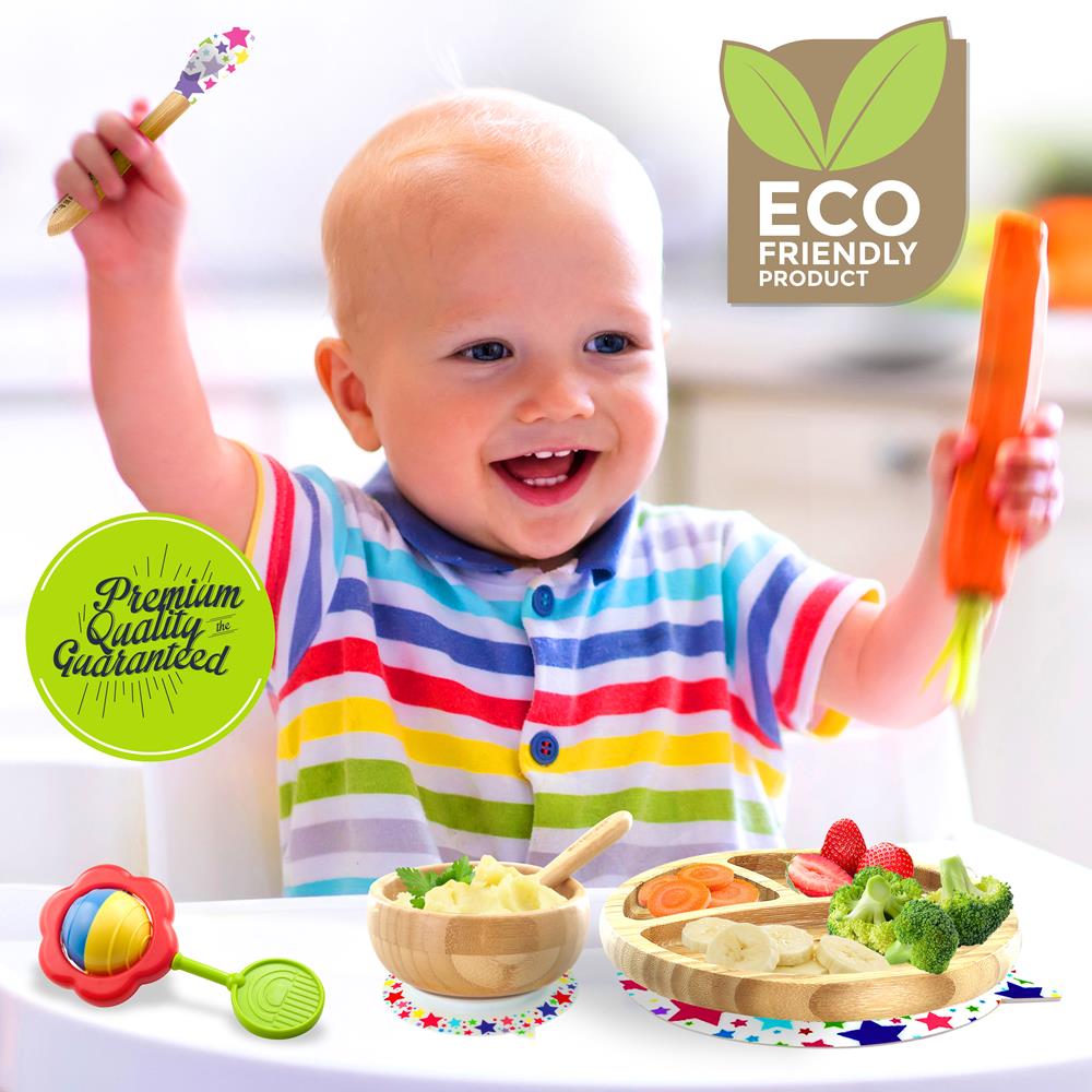 Eco-Friendly Silicone Bamboo Baby Plate & Spoon Set - BPA-Free, Non-Slip Toddler Feeding Dish with Spoon - Perfect for Home, Travel & Daycare Use