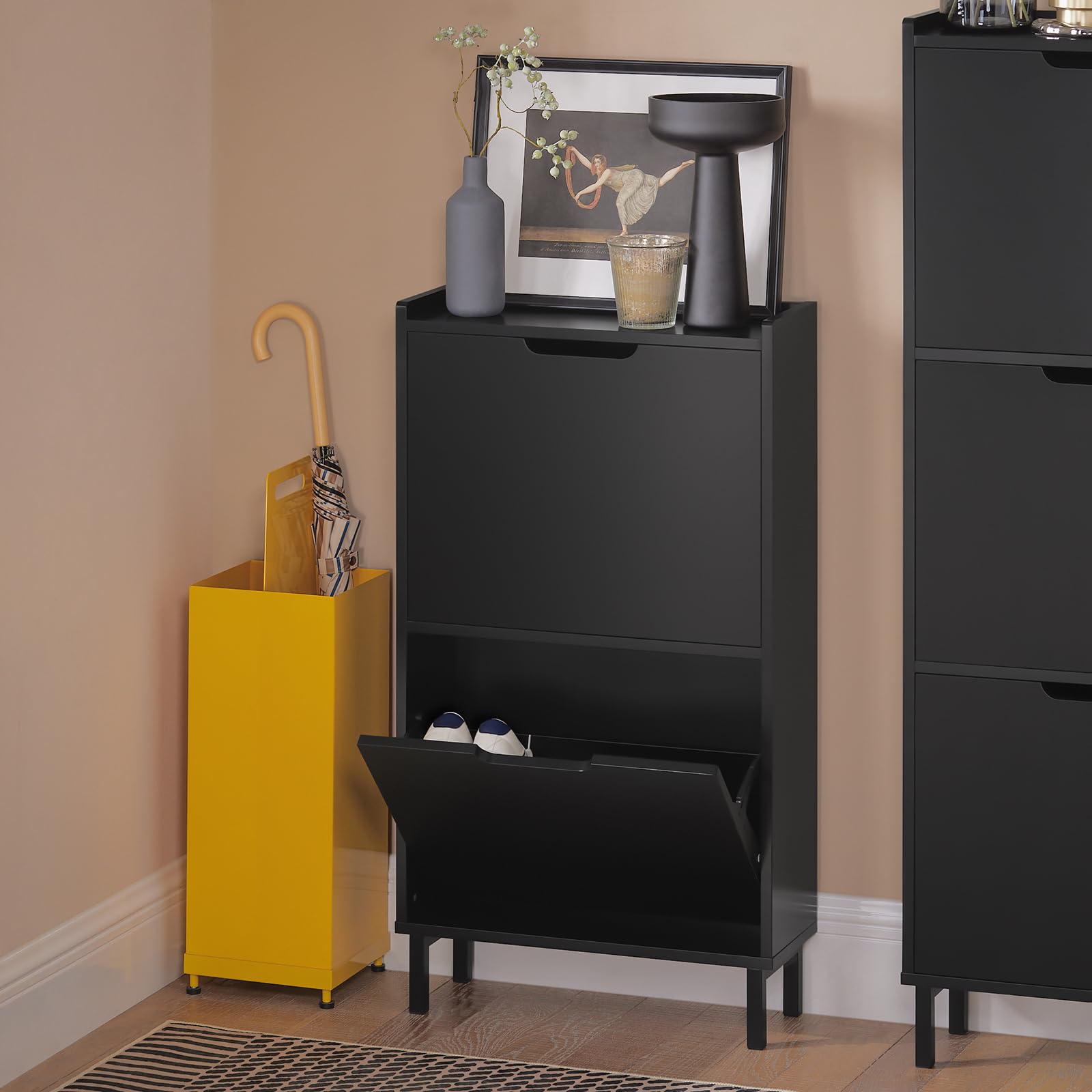 Haotian Black Shoe Cabinet with 2 Flip-Drawers - Narrow Freestanding Shoe Rack & Slim Shoe Organizer for Entryway, Hallway or Closet - Hidden Storage Cupboard (Model FSR151-SCH) - Perfect for Small Spaces & Apartment Living