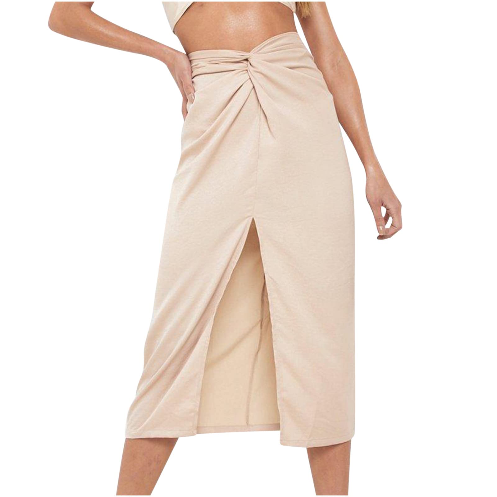 Trendy Women's Asymmetrical Tie Knot Satin Midi Skirt - High Waist Ruched Party Dress with Side Split | Perfect for Summer Outfits, Date Nights & Special Occasions