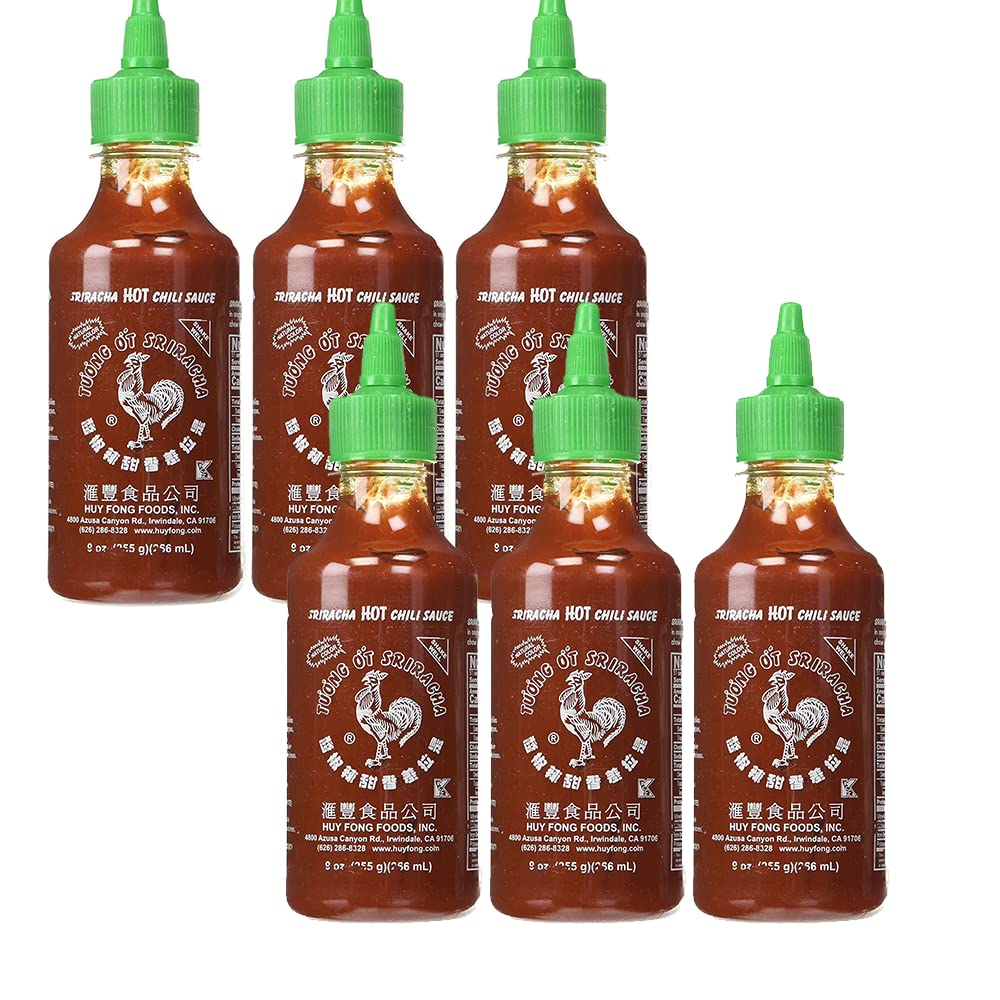 Sriracha Hot Chili Sauce 9oz (Pack of 6) - Spicy Asian Chili Garlic Sauce for Cooking, Dipping & Stir-Fry - Perfect for Ramen, Pho, Tacos & Burgers