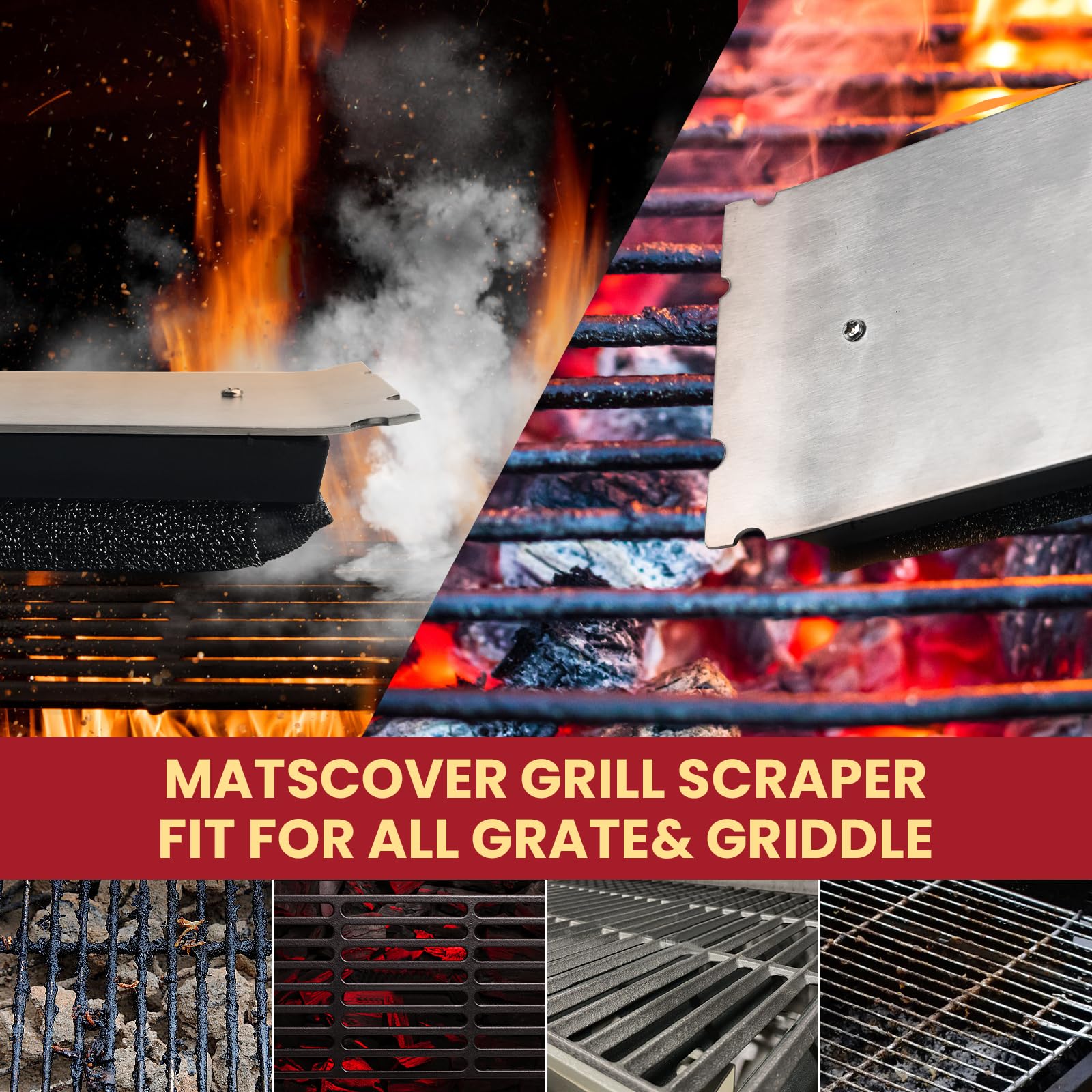 Stainless Steel BBQ Grill Brush with Wooden Handle - Bristle-Free Grill Cleaner with Replacement Head & Scraper for Outdoor Gas, Charcoal Grills - Perfect for Backyard Cookouts, Camping & Picnics