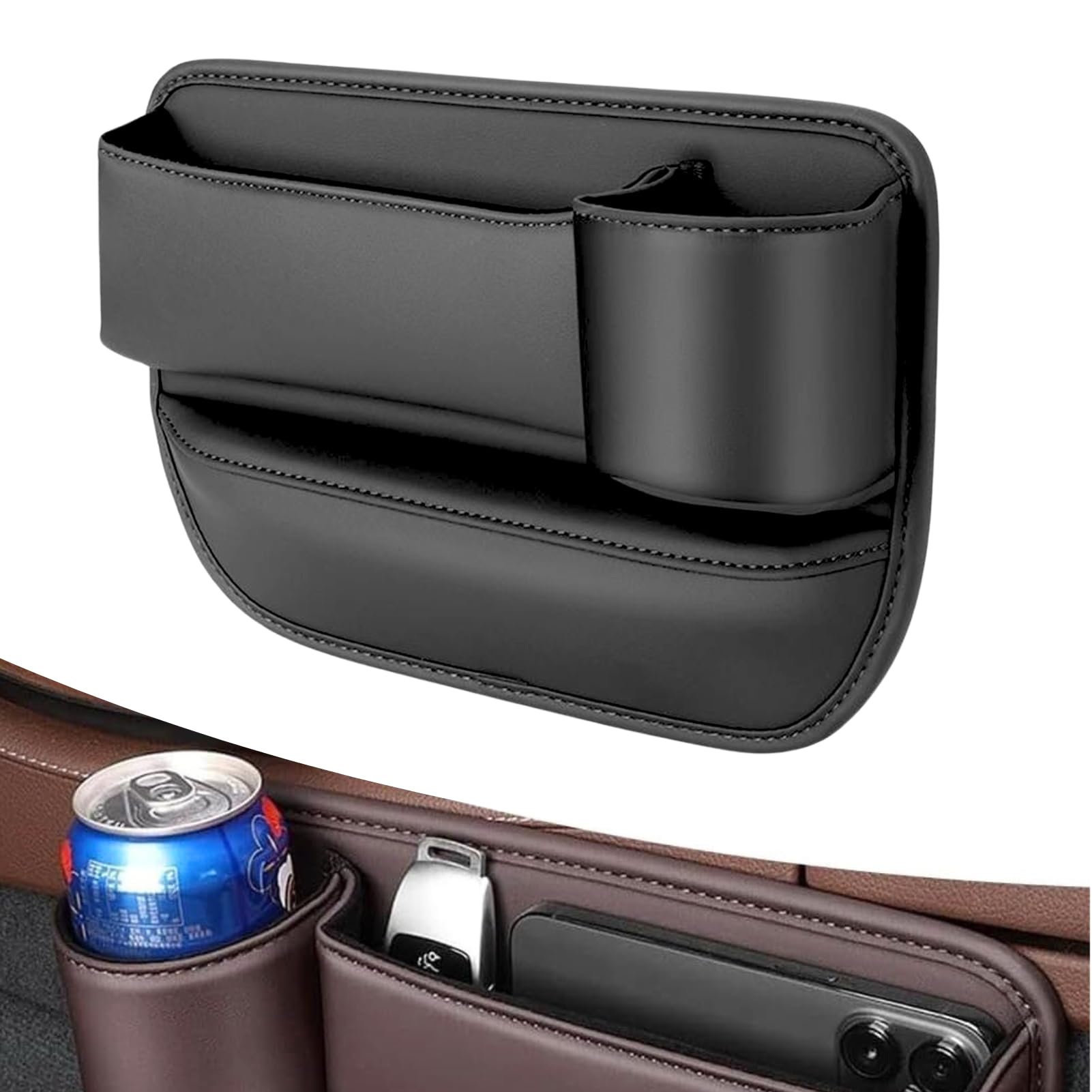 Premium Car Leather Cup Holder Gap Bag - Adjustable Seat Gap Storage Organizer with Large Capacity, Black (Right Side) - Perfect for Storing Phones, Keys, Wallets & More in Your Vehicle