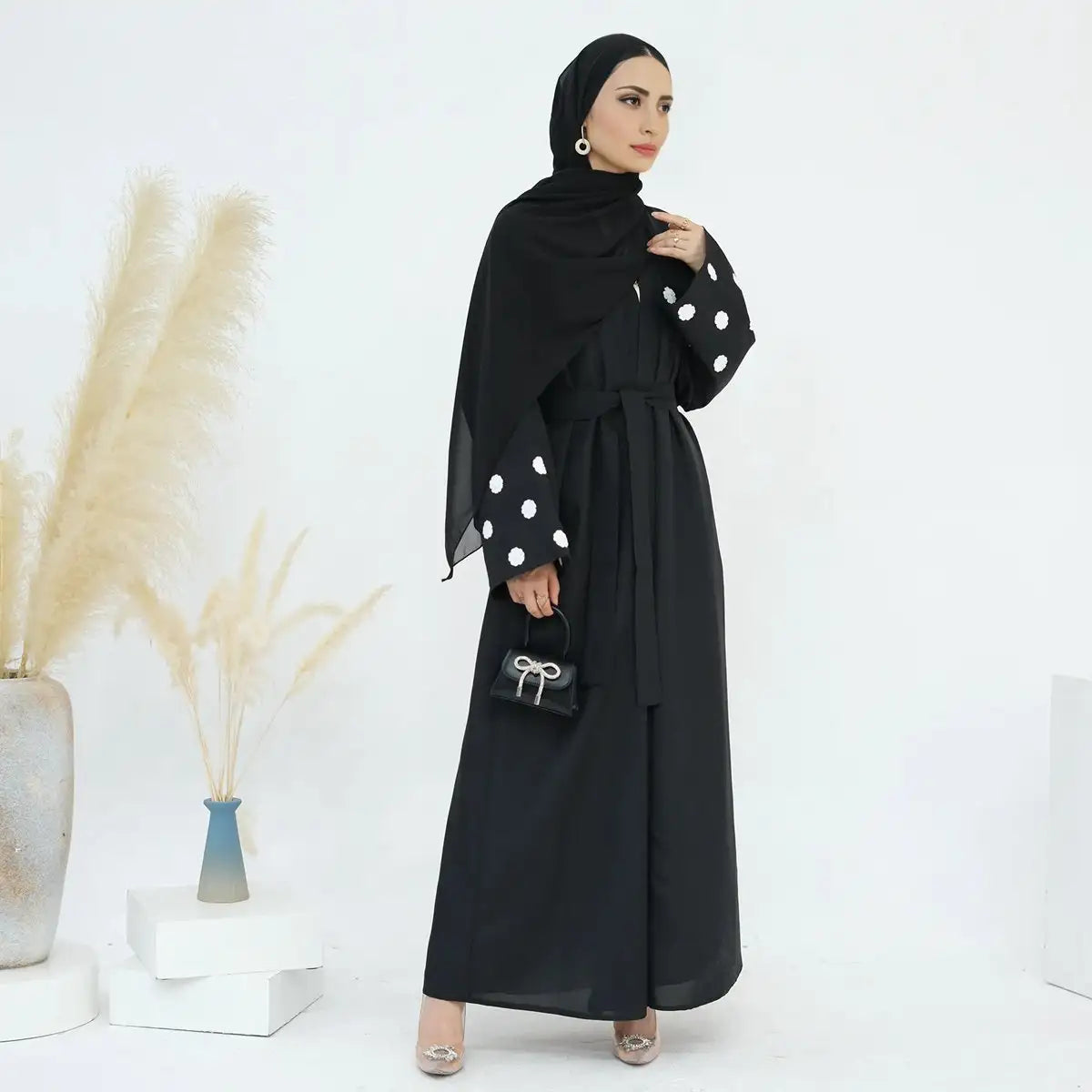 Elegant Floral Embroidery Open Abaya Dress for Women - Modest Muslim Prayer Dress & Special Occasion Wear