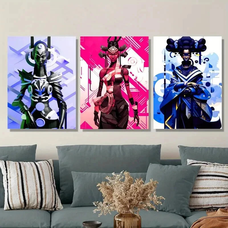 3-Piece Abstract Female Characters Metal Wall Art - Traditional Style Ready to Hang Prints - Perfect for Living Room, Bedroom & Office Decor