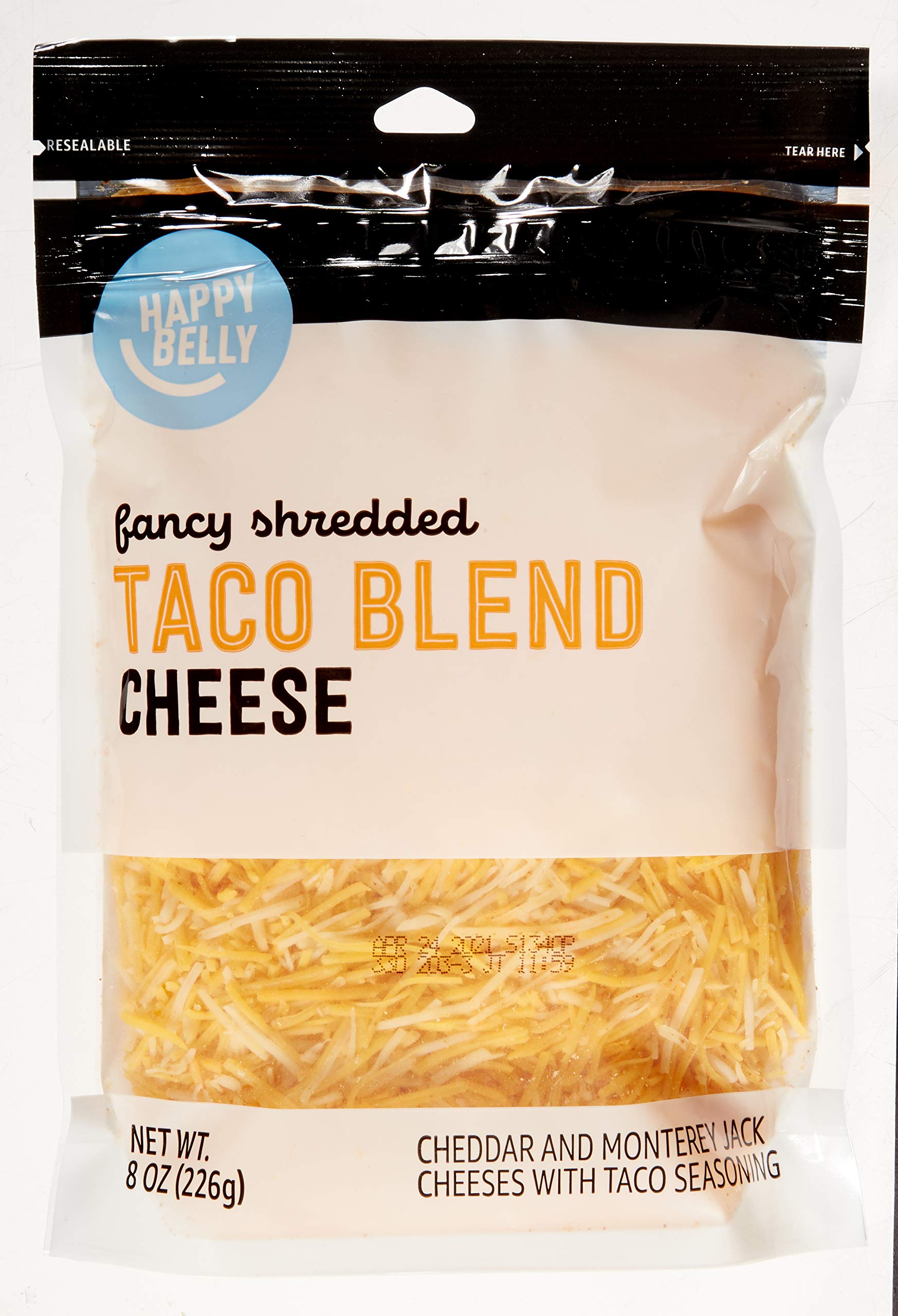 Happy Belly Taco Cheese Blend - Shredded Mexican Style Cheese for Tacos, Nachos & Burritos - 8 Oz Resealable Bag - Perfect for Family Dinners & Party Snacks