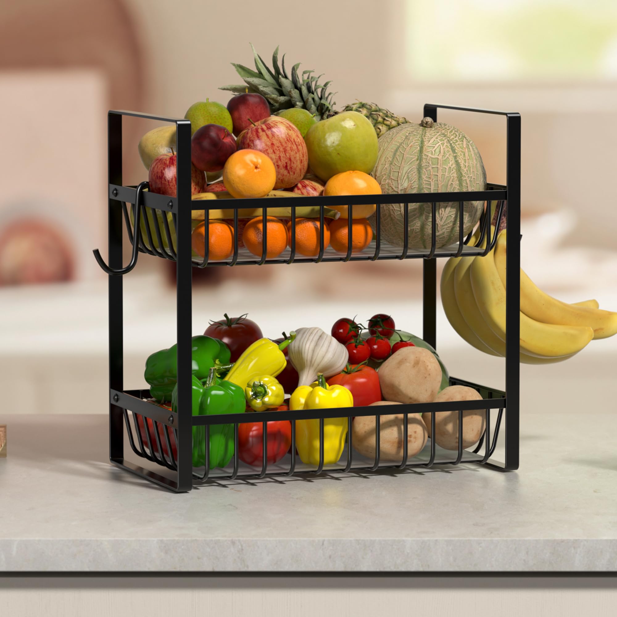 2-Tier Heavy Duty Metal Fruit Basket for Kitchen Counter - Fruit Bowl & Organizer for Onion, Bread, Snack Storage with Liners | Perfect for Dining Table, Pantry & Kitchen Countertop Decor