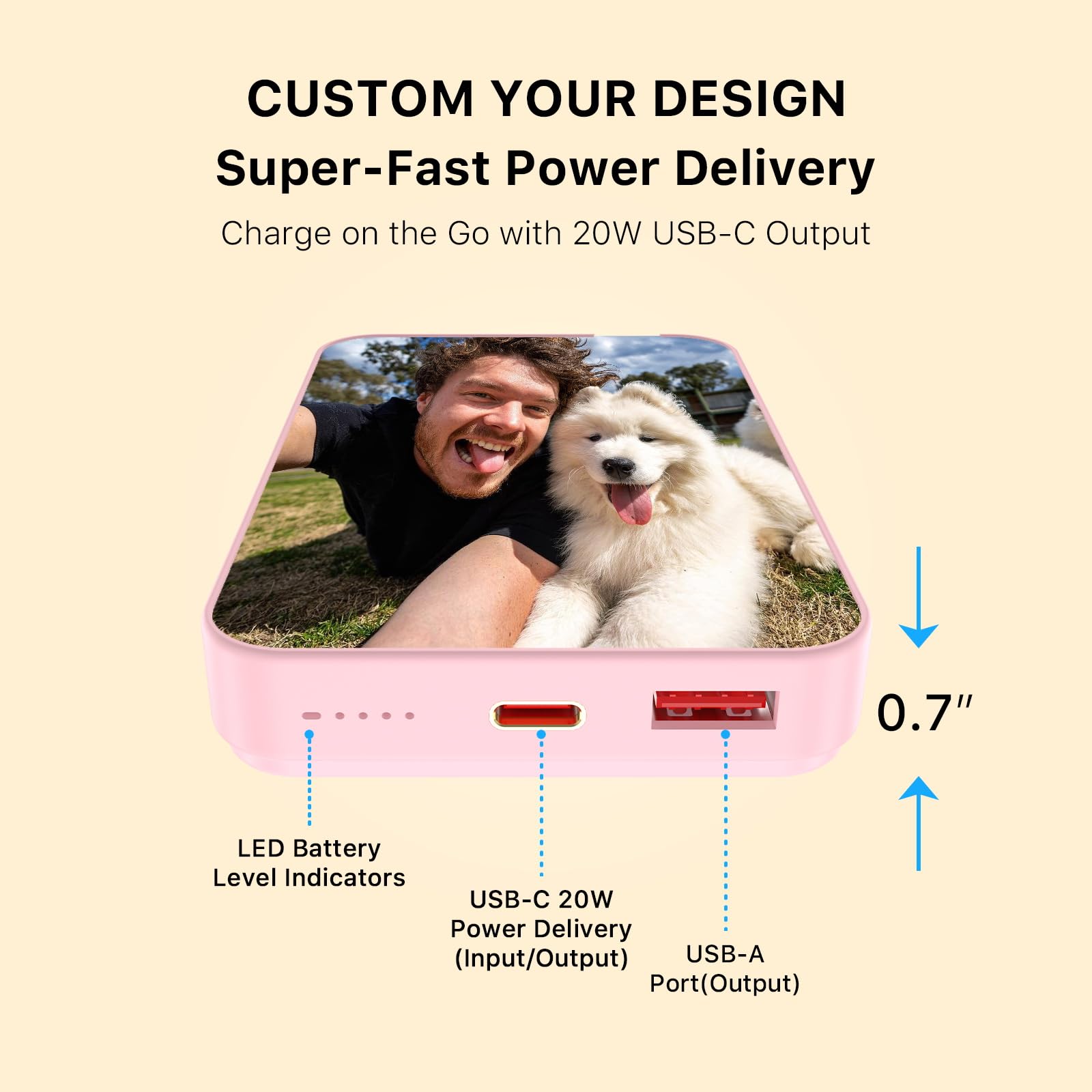 MYBAT Custom Photo Wireless Power Bank 10000mAh - Magnetic Portable Charger with MagSafe, Ultra Slim Design, 20W USB-C Fast Charging - Perfect for iPhone, Travel & Customized Gifts (Pink)