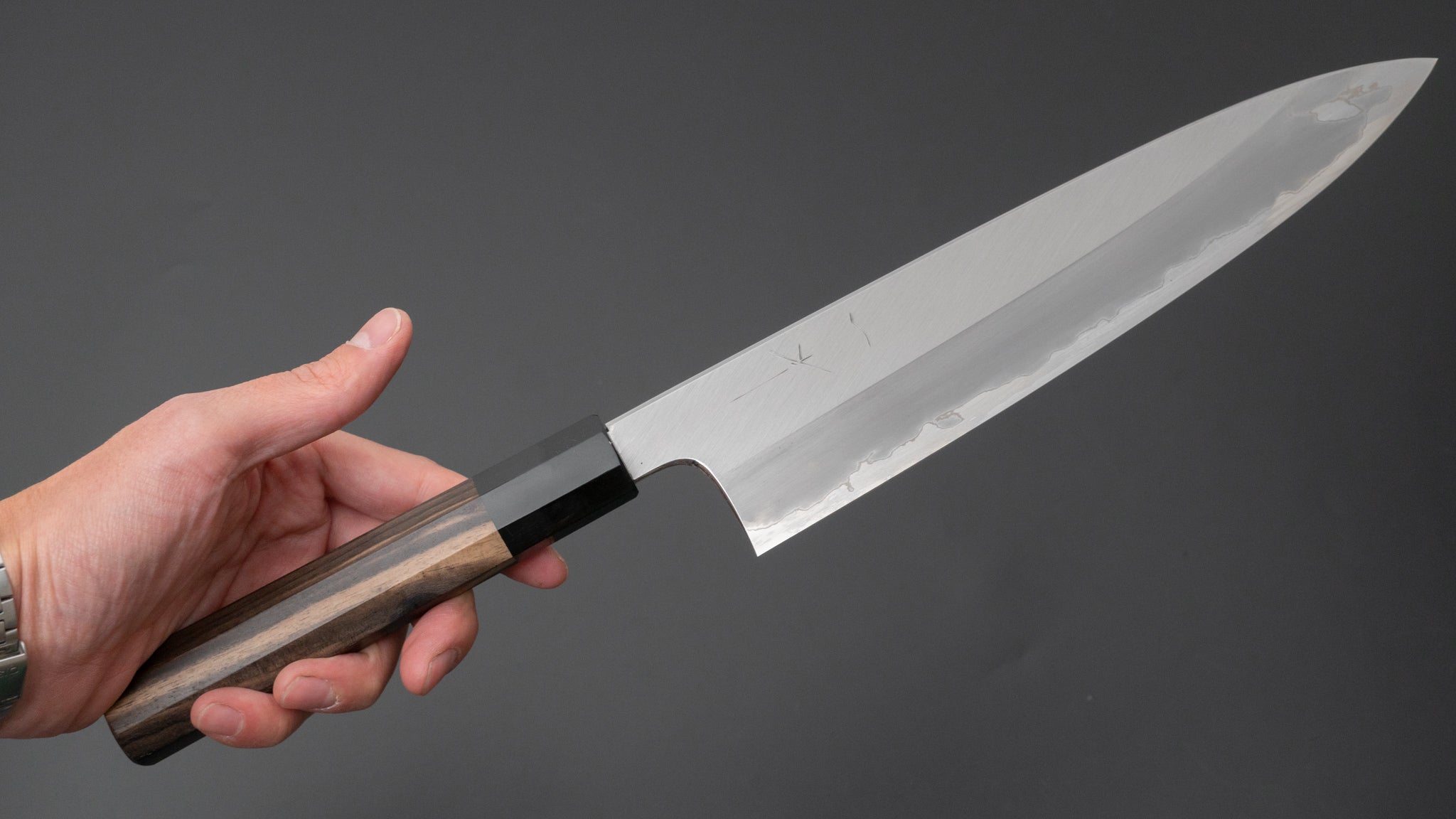 Hitohira Togashi Blue #1 Stainless Clad Migaki Gyuto 240mm Japanese Chef Knife with Kurokaki Persimmon Handle - Perfect for Sushi, Meat Slicing & Precision Cooking