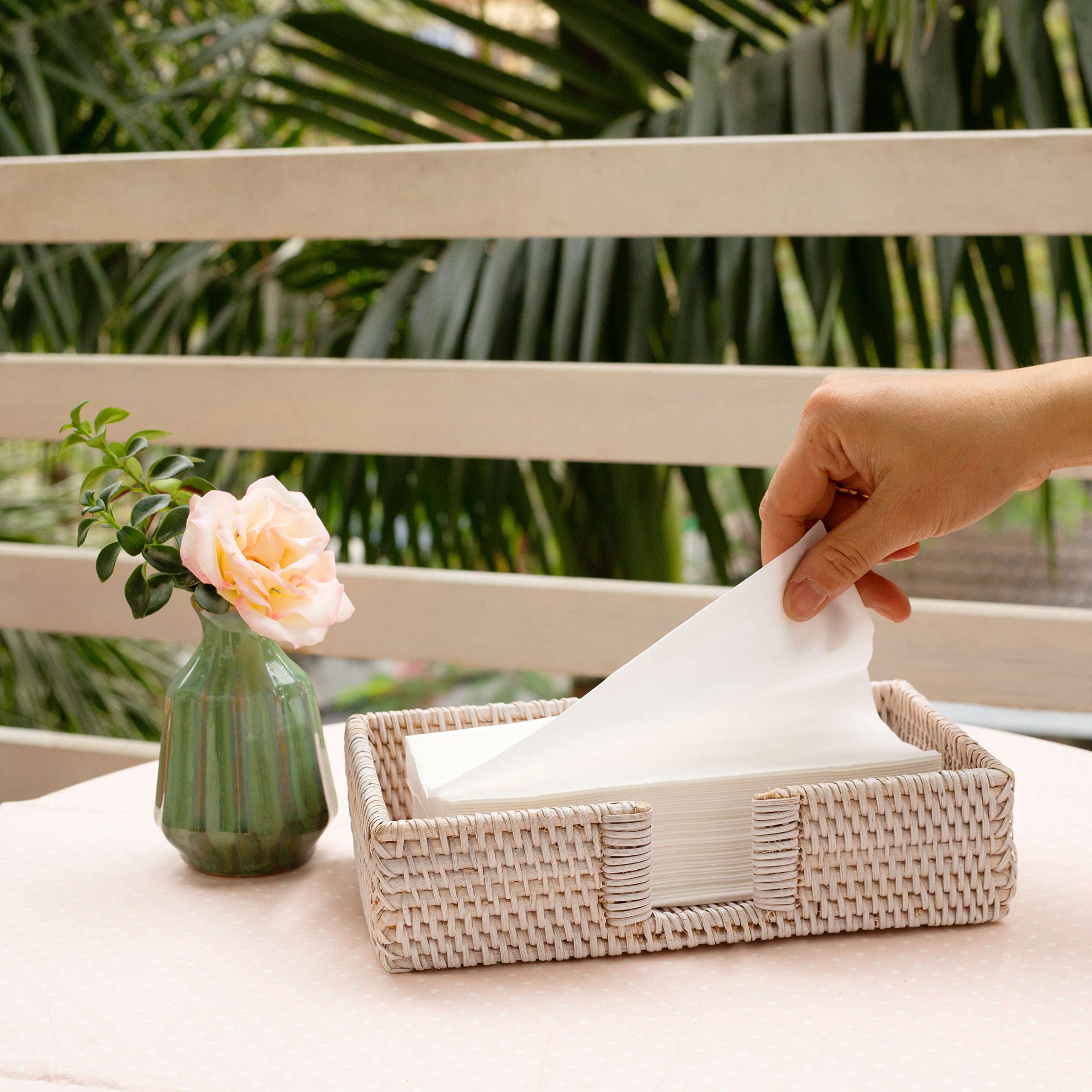 White Rattan Bathroom Towel Holder - Rectangular Wicker Tissue & Hand Towel Storage Basket (9.4