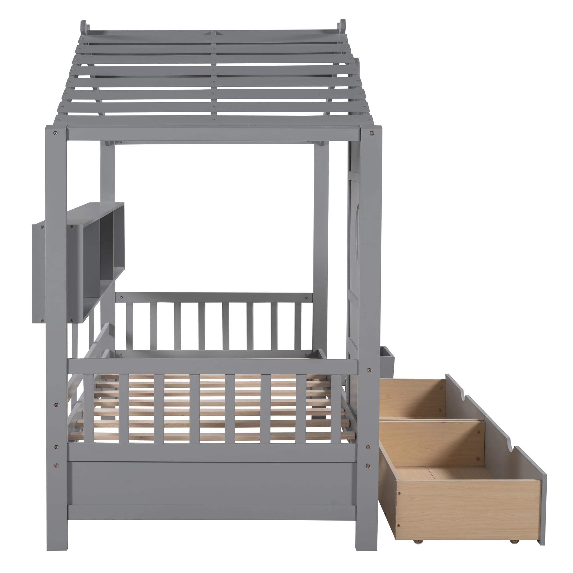 Wooden Twin Size House Bed with 2 Drawers - Kids Storage Bed with Shelf for Boys, Girls & Teens - Space-Saving Bedroom Furniture (Twin, Gray) - Perfect for Small Rooms, Playrooms & Sleepovers