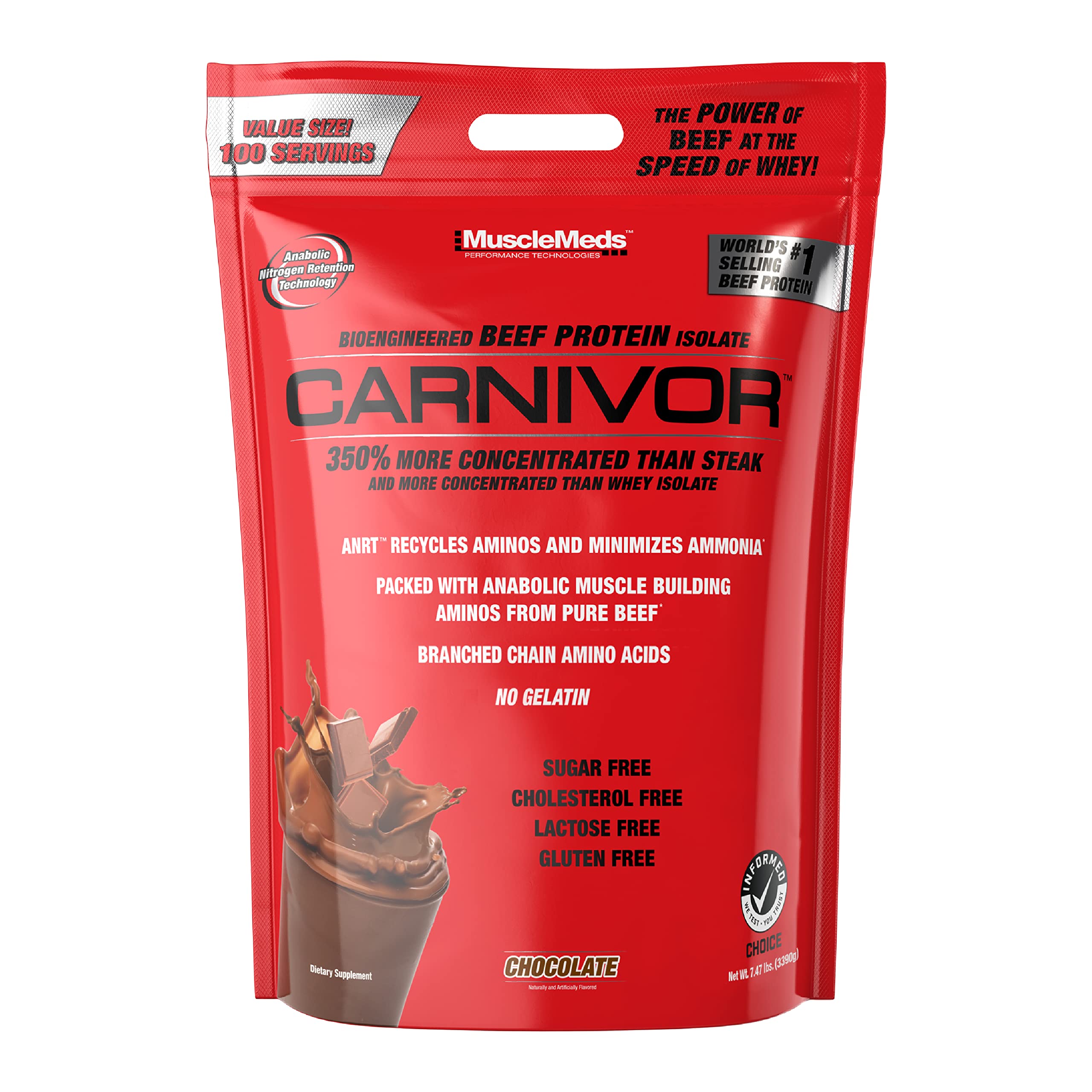 MuscleMeds Carnivor Beef Protein Isolate Powder - Chocolate Flavor, 7.47 lbs (3.39 kg) - High Protein, Low Carb, Gluten Free for Muscle Growth & Recovery - Ideal for Bodybuilding, Fitness & Post-Workout Nutrition