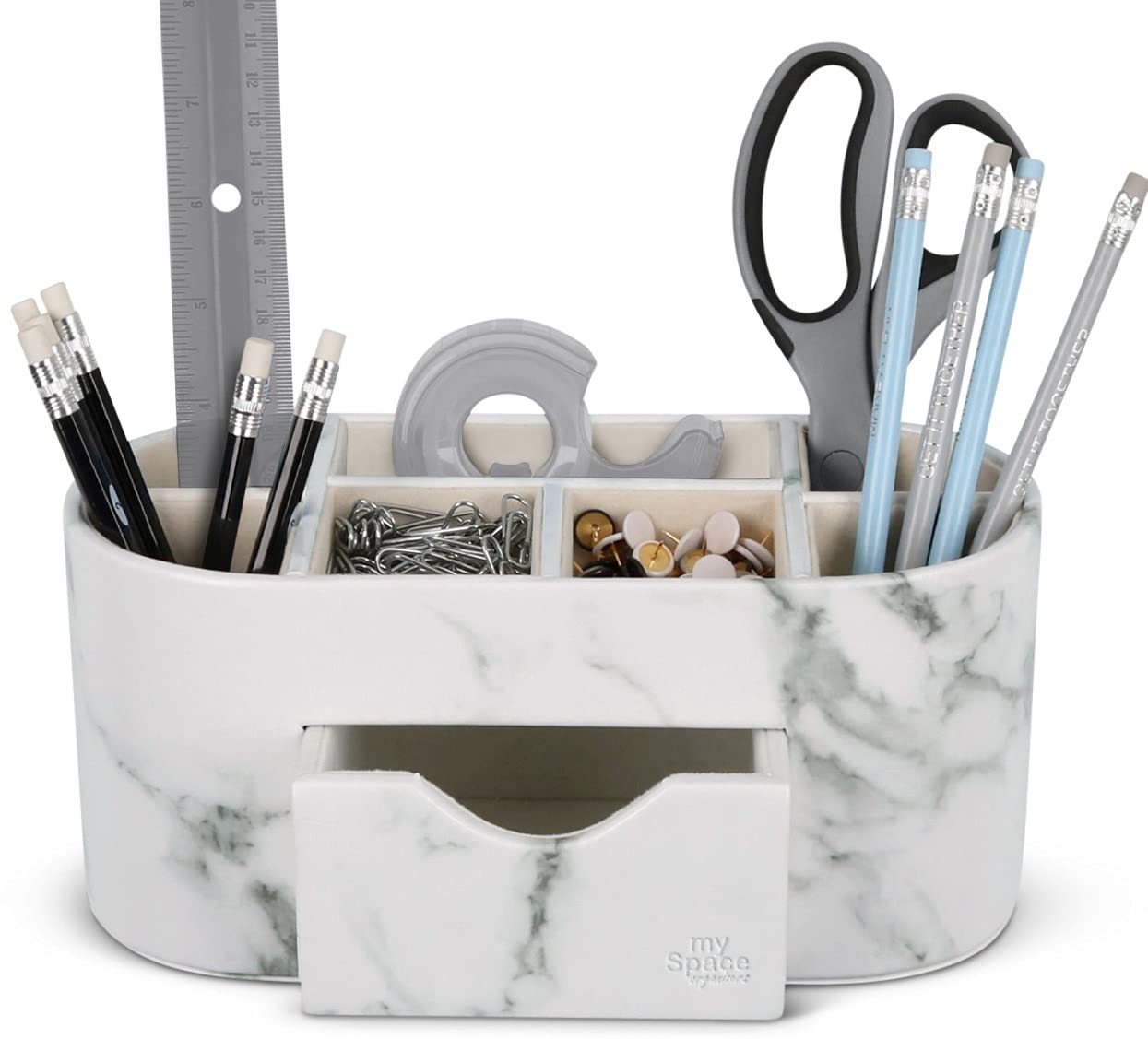 Elegant Marble Desk Organizer for Office & School Supplies - Stylish Pencil & Pen Holder with Faux Leather - Perfect for Home, Office, College & Dorm Organization - Ideal for Decluttering Desks & Boosting Productivity