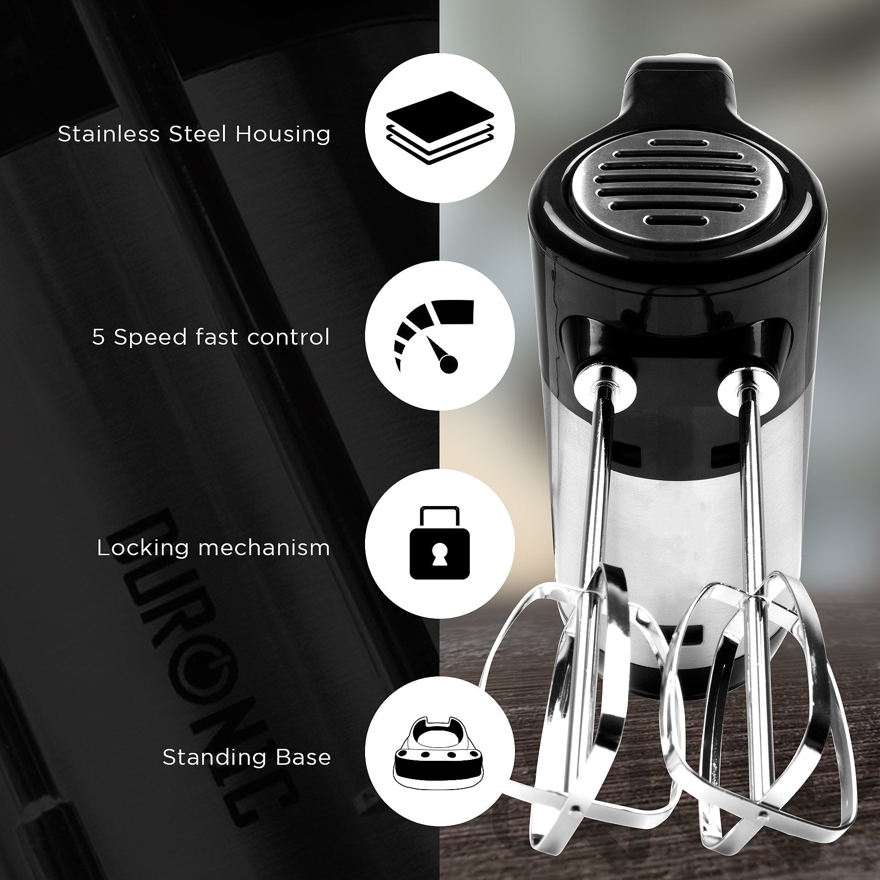 Duronic 300W Electric Hand Mixer - 5 Speed Turbo Boost with Whisk, Hooks & Beaters - Perfect for Baking Dough, Bread, Cakes, Cream & Brownies - Ideal for Home Kitchen, Baking Enthusiasts & Professional Chefs
