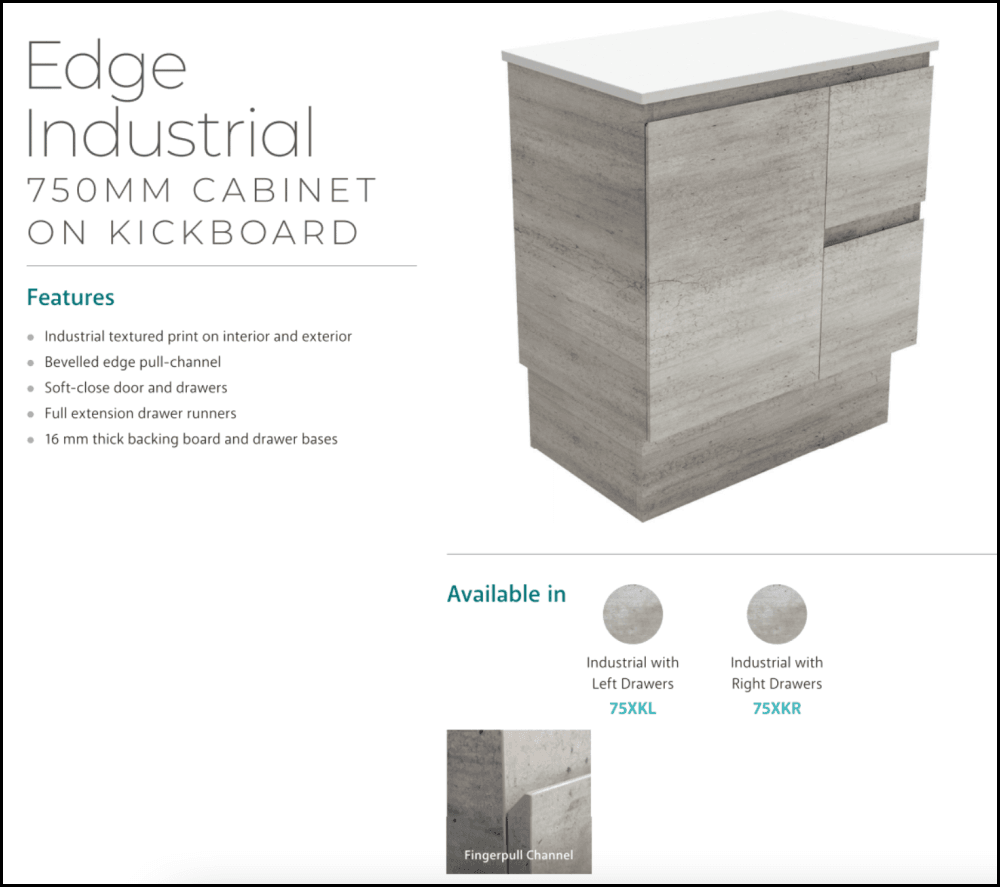 Fienza Crystal Pure SC75XKR 750mm Undermount Stone Top Vanity Unit with Right Drawers & Kickboard - Modern Bathroom Sink Cabinet for Industrial Style Edge Design