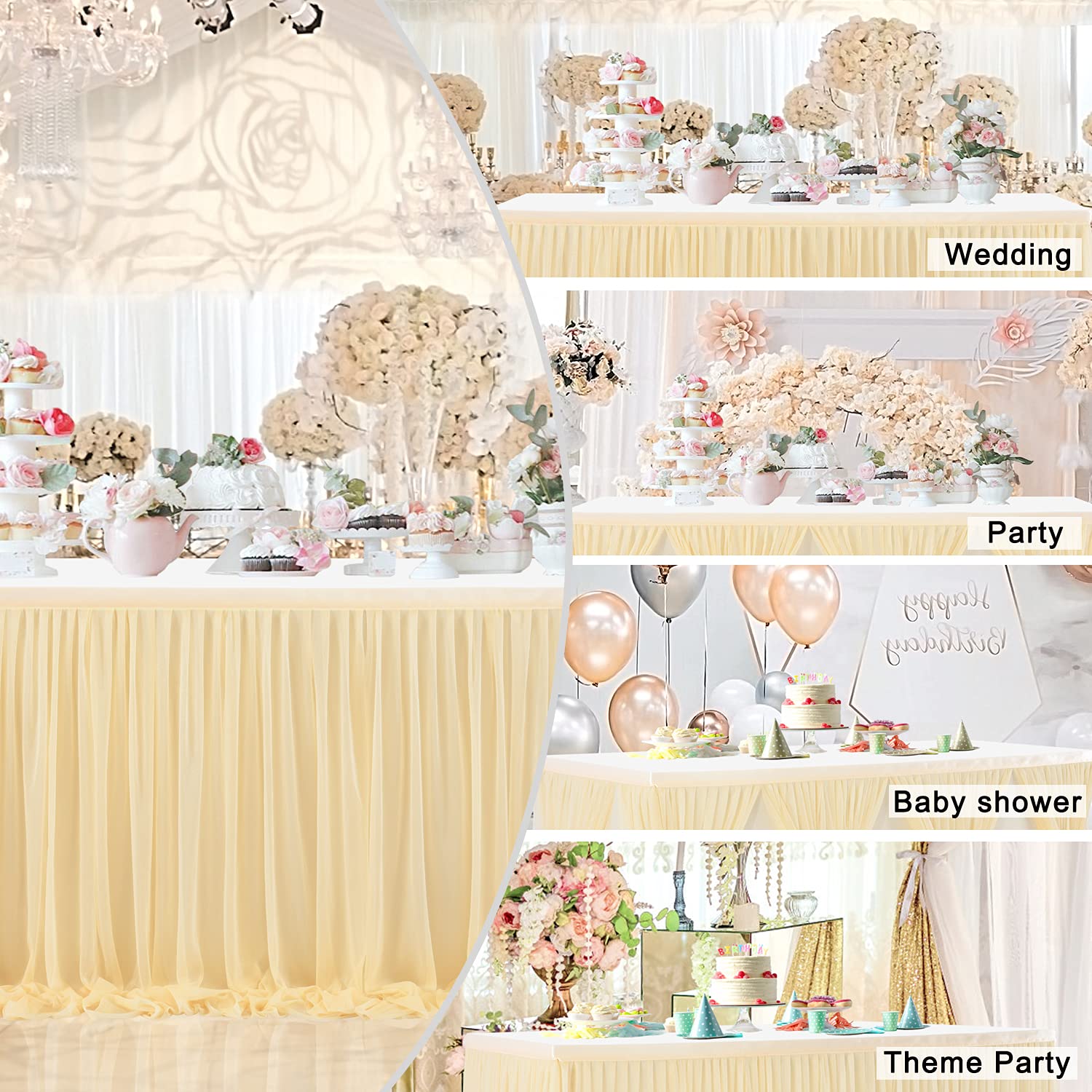 Suppromo 6ft Champagne Tulle Table Skirt for Rectangle & Round Tables - Elegant Wedding, Baby Shower, Birthday Party, Dessert Buffet & Banquet Decoration - Perfect for Indoor & Outdoor Celebrations