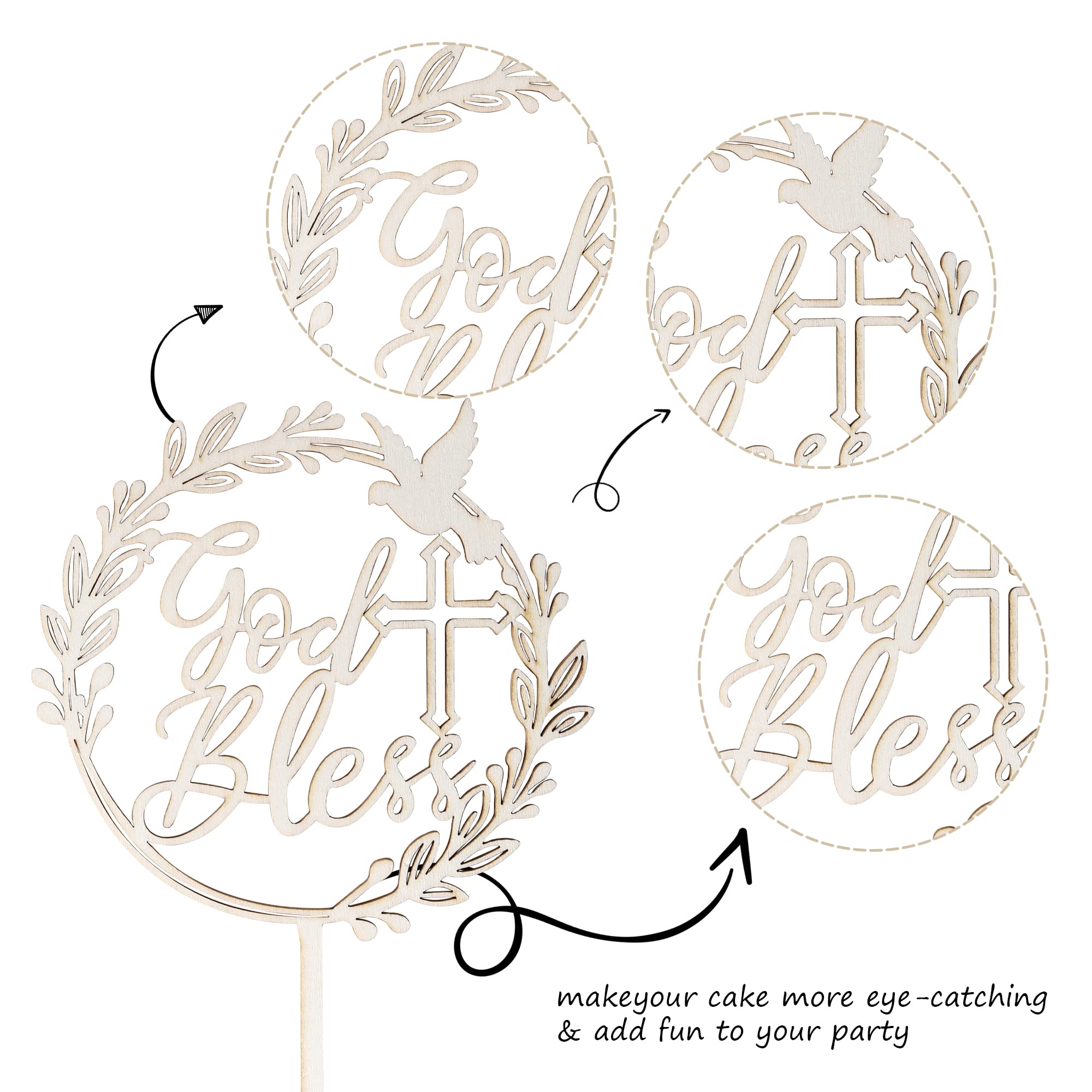 1 PCS Wooden God Bless and Cross Cake Topper with Dove - First Communion, Christening, Baptism, Baby Shower & Birthday Party Cake Decorations | Religious Cake Picks for Christian Celebrations & Special Occasions