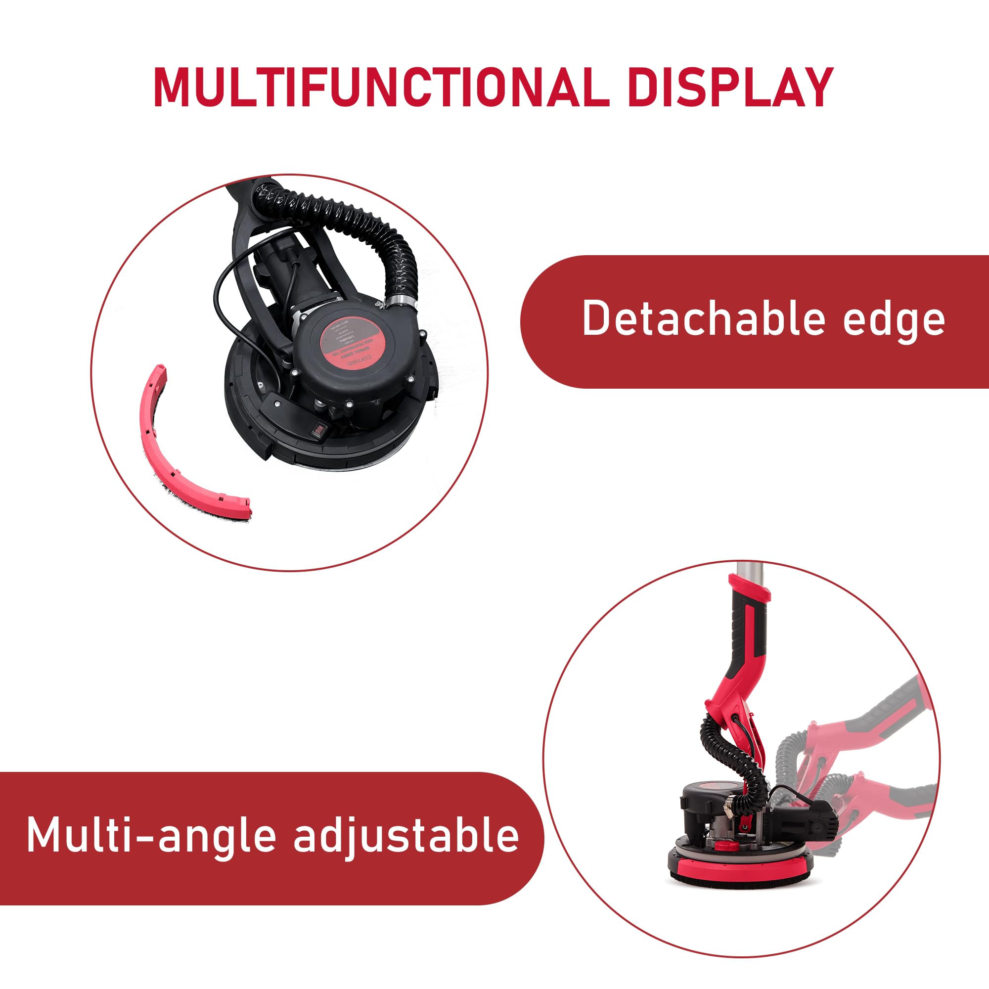 1250W Electric Drywall Sander with Vacuum Dust Collector - 7 Speed Adjustable LED Light (900-1800RPM) - Foldable Extendable Handle for Ceiling & Popcorn Removal - Professional Drywall Sanding Tool for Home Renovation and Construction Projects